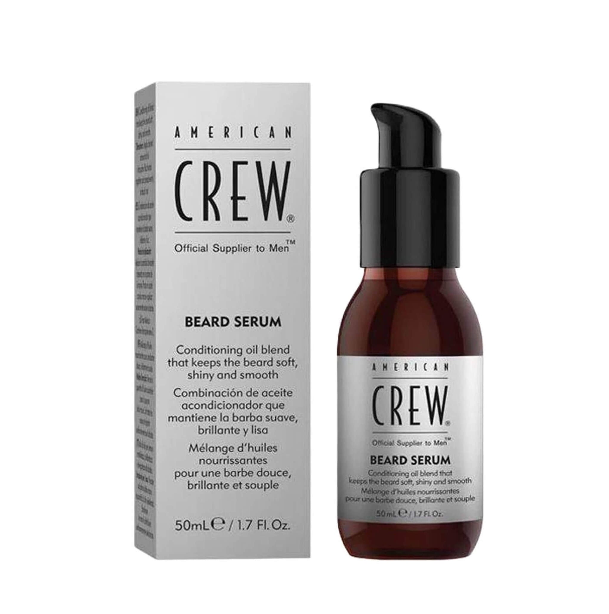 American Crew beard serum bottle and packaging on a white background
