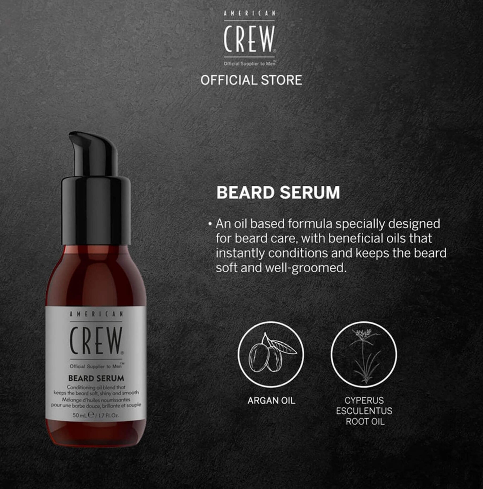 American Crew beard serum bottle on a dark background with product details.