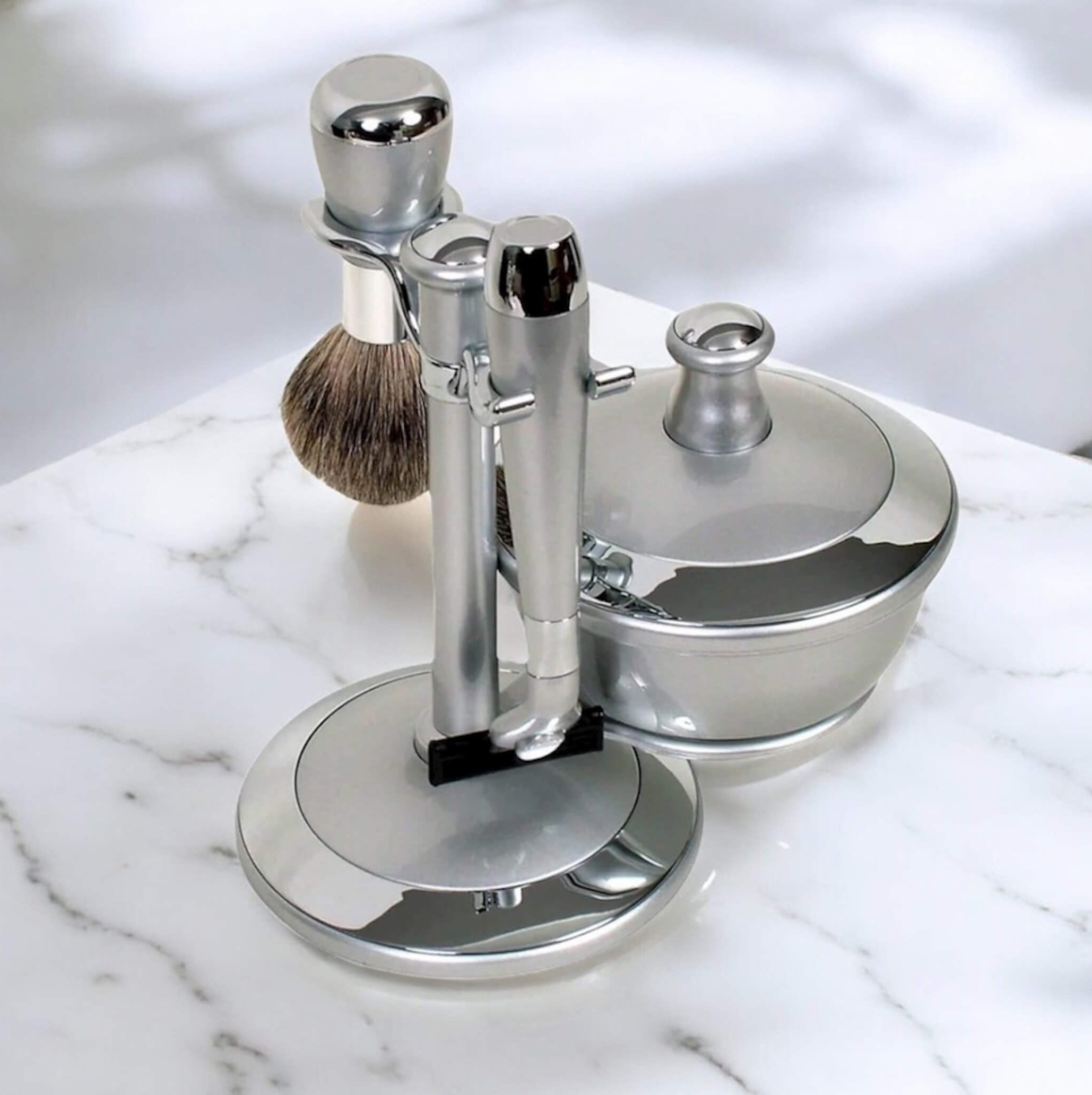 Comoy Mac3 Pewter/Chrome Shave Set/Bowl