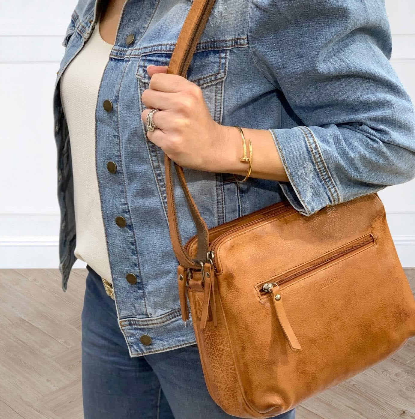 Milleni Ladies Cognac Nappa Leather Cross-Body Bag