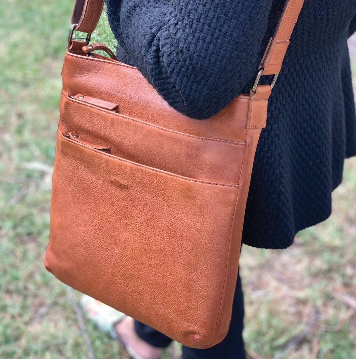 Milleni Ladies Nappa Leather Crossbody Bag in Cognac