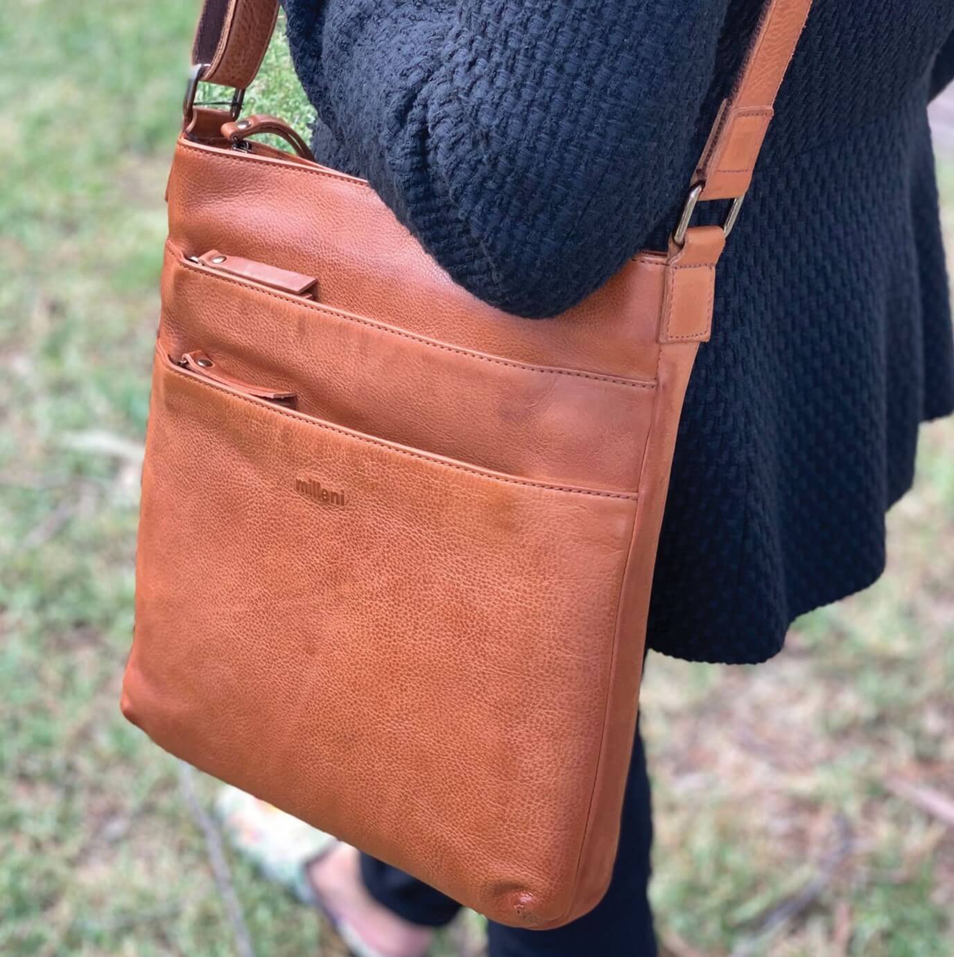 Milleni Ladies Nappa Leather Crossbody Bag in Cognac