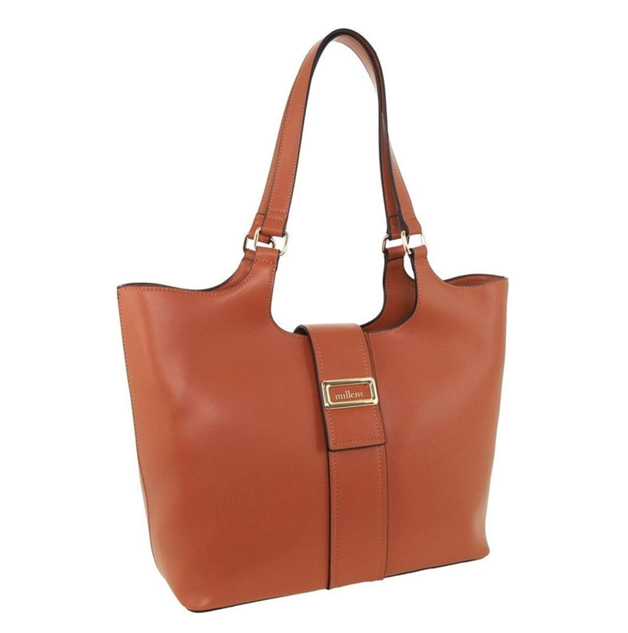 Milleni Ladies Vegan Leather Fashion Caryall Tote Bag in Tan