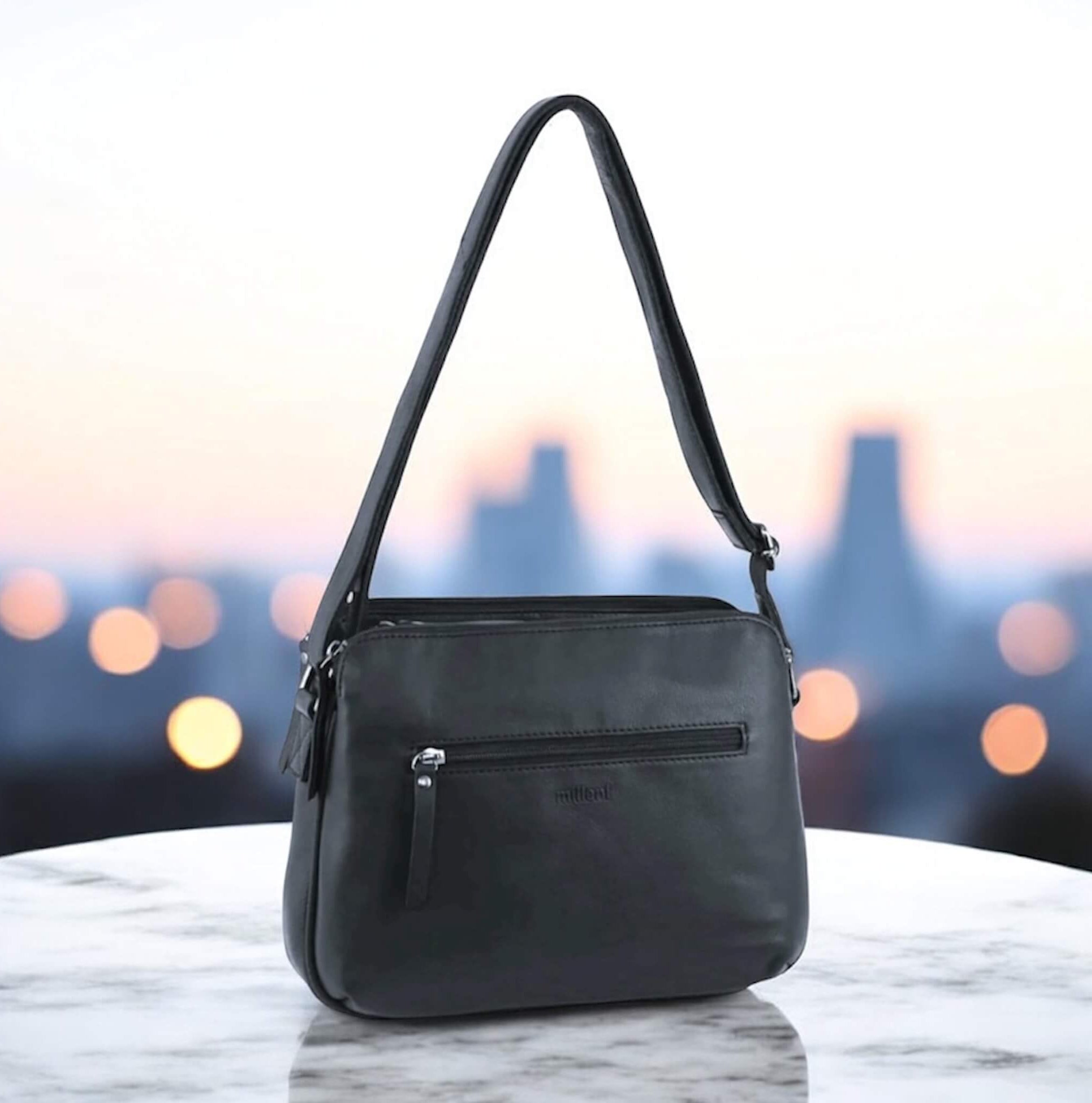 Milleni Ladies Black Nappa Leather Cross-Body Bag