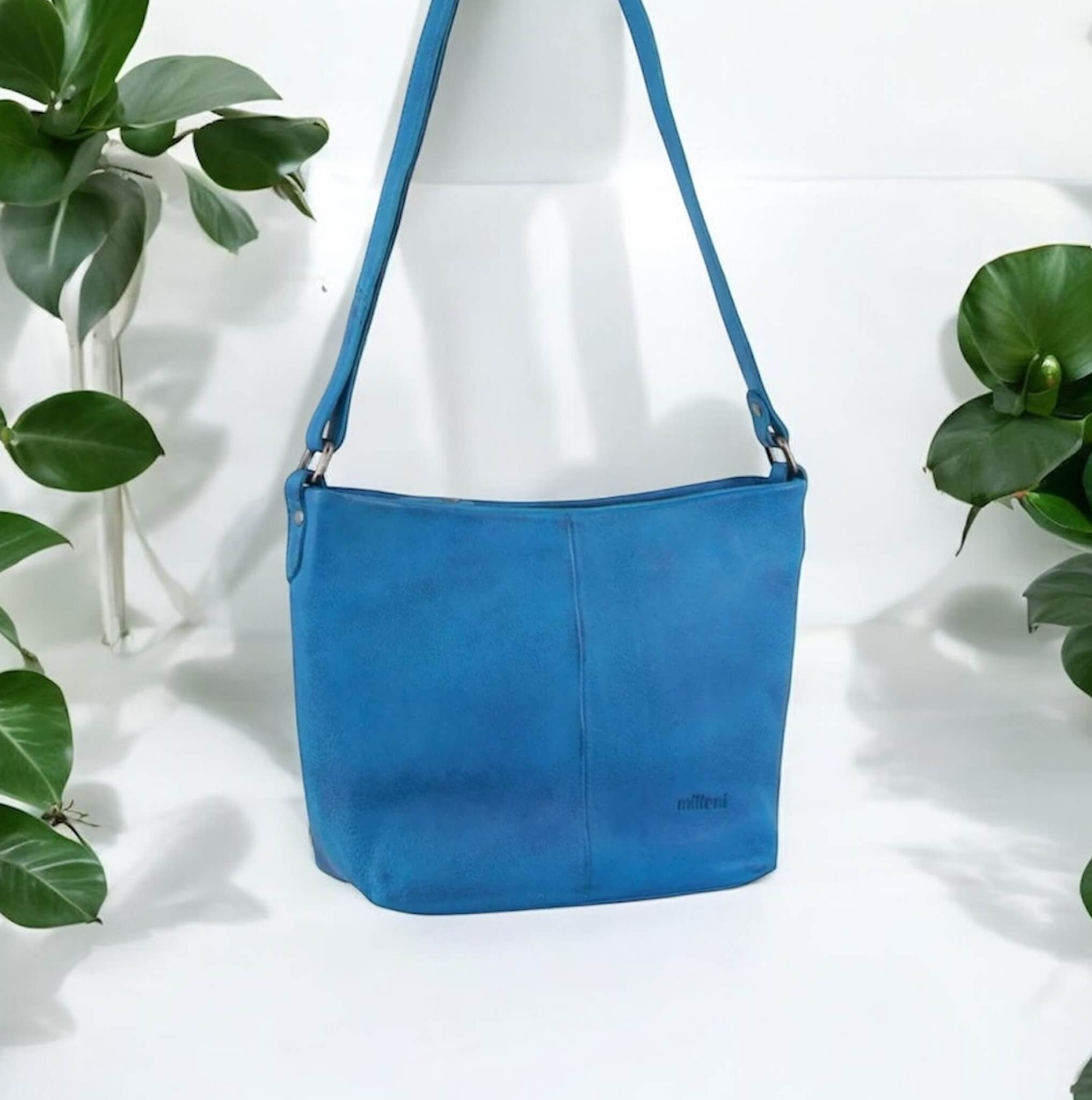 Milleni Ladies Nappa Leather Crossbody Bag in Aqua