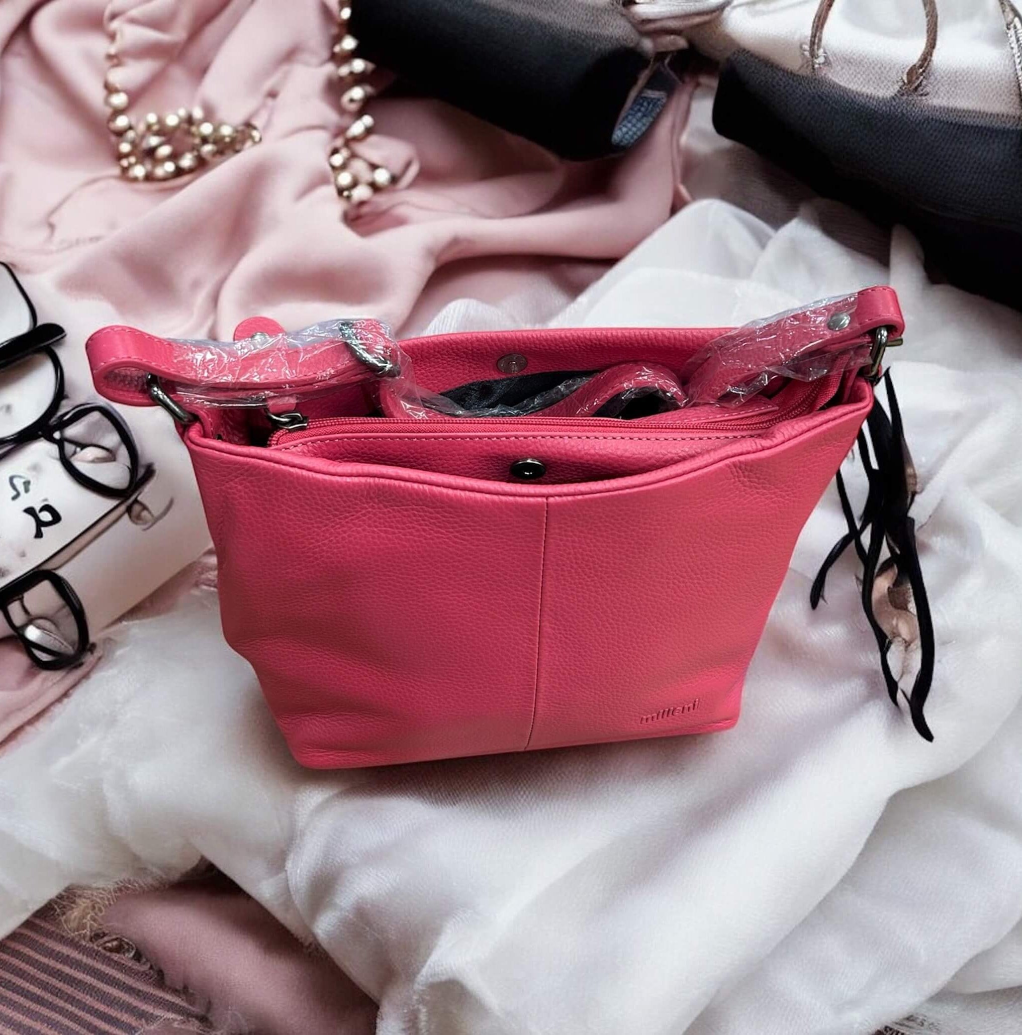 Milleni Ladies Nappa Leather Crossbody Bag in Pink