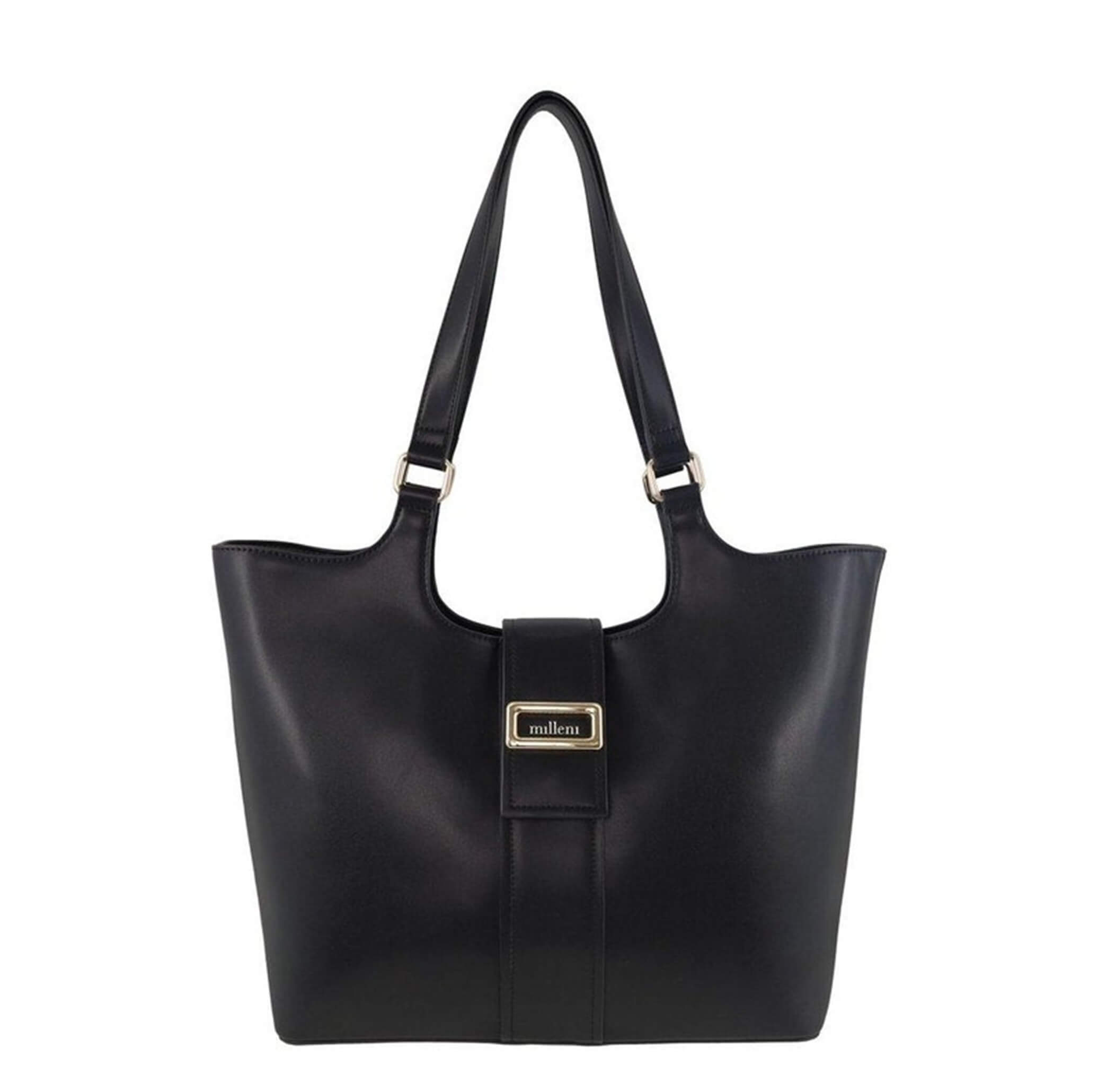 Milleni Ladies Vegan Leather Fashion Caryall Tote Bag in Black
