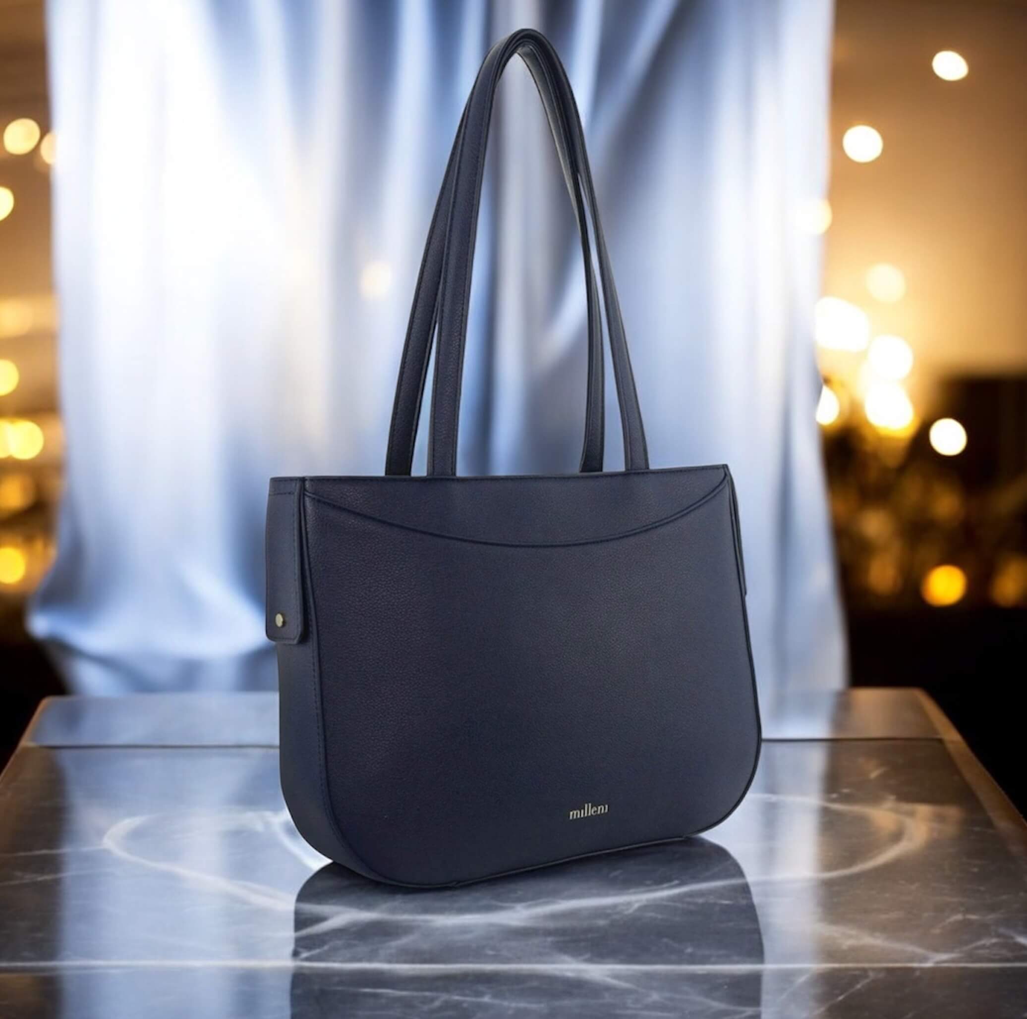 Milleni Ladies Vegan Leather Fashion Shoulder Tote Bag in Navy