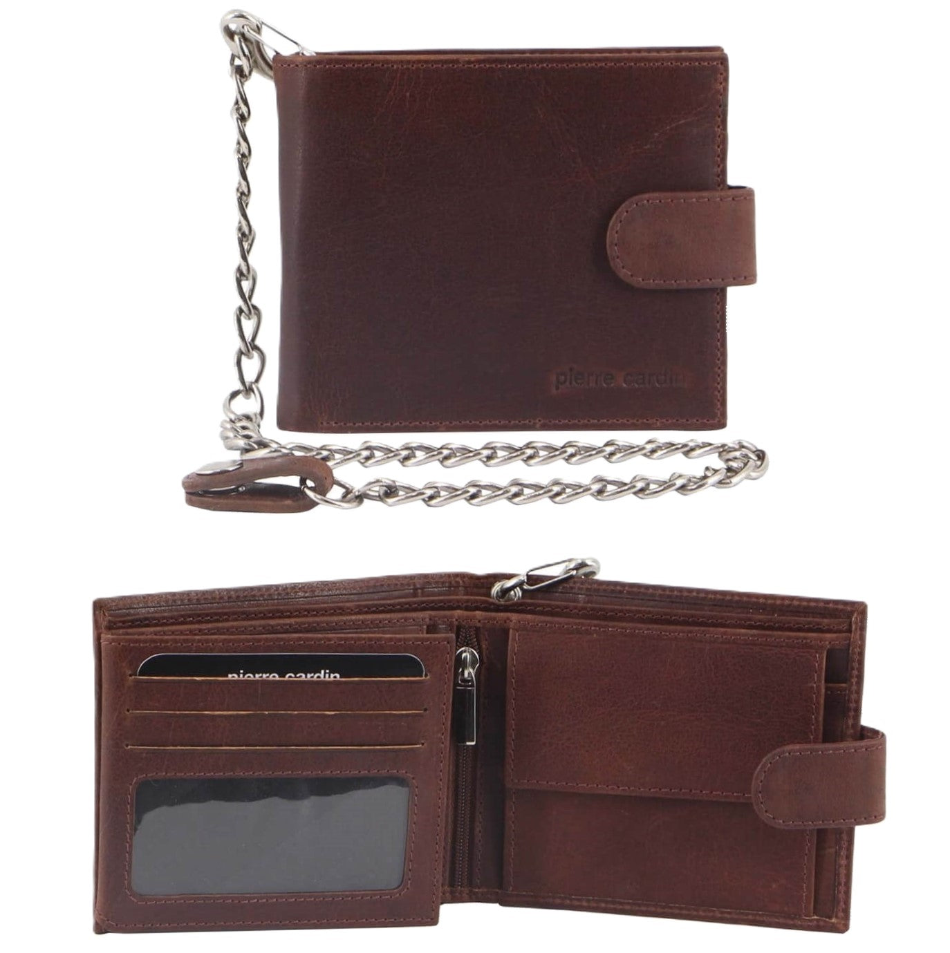 Pierre Cardin Men’s Leather Tri-fold Chain Wallet in Chestnut