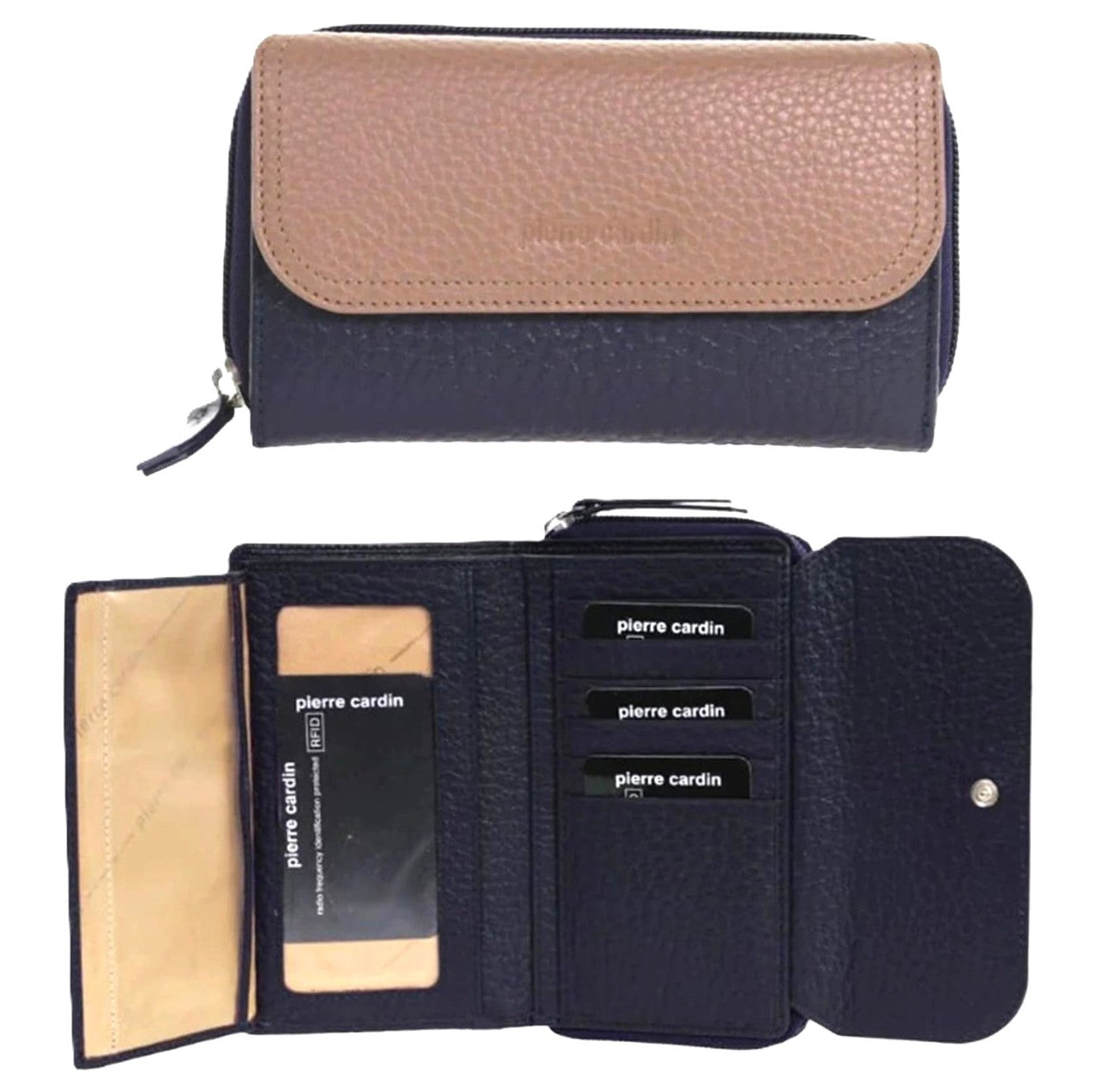 Pierre Cardin Ladies Tri-fold Tab Leather Wallet in Navy-Taupe