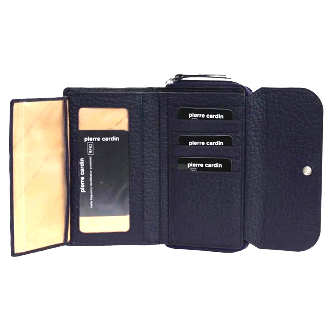 Pierre Cardin Ladies Tri-fold Tab Leather Wallet in Navy-Taupe