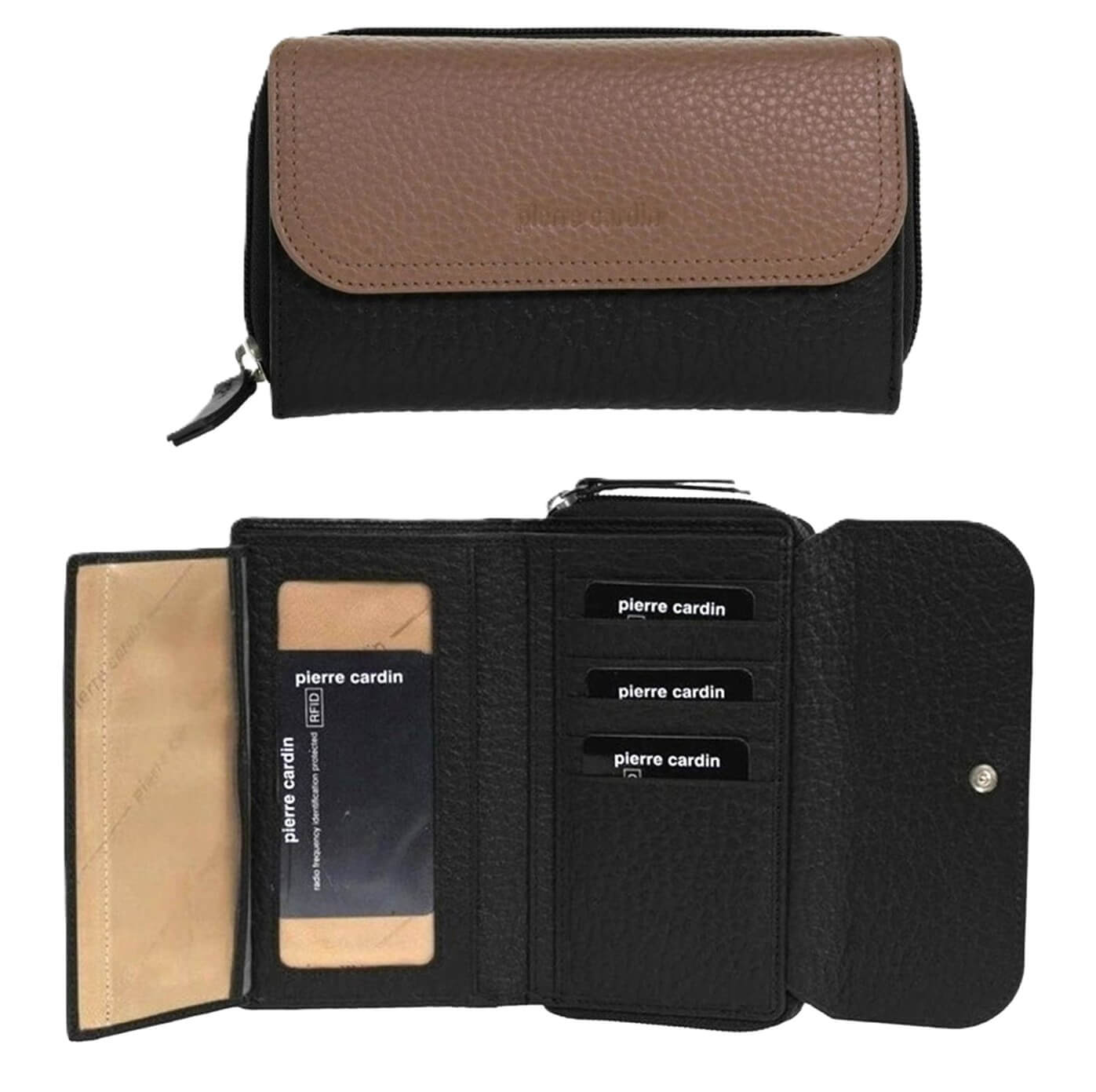 Pierre Cardin Ladies Tri-fold Tab Leather Wallet in Black & Taupe