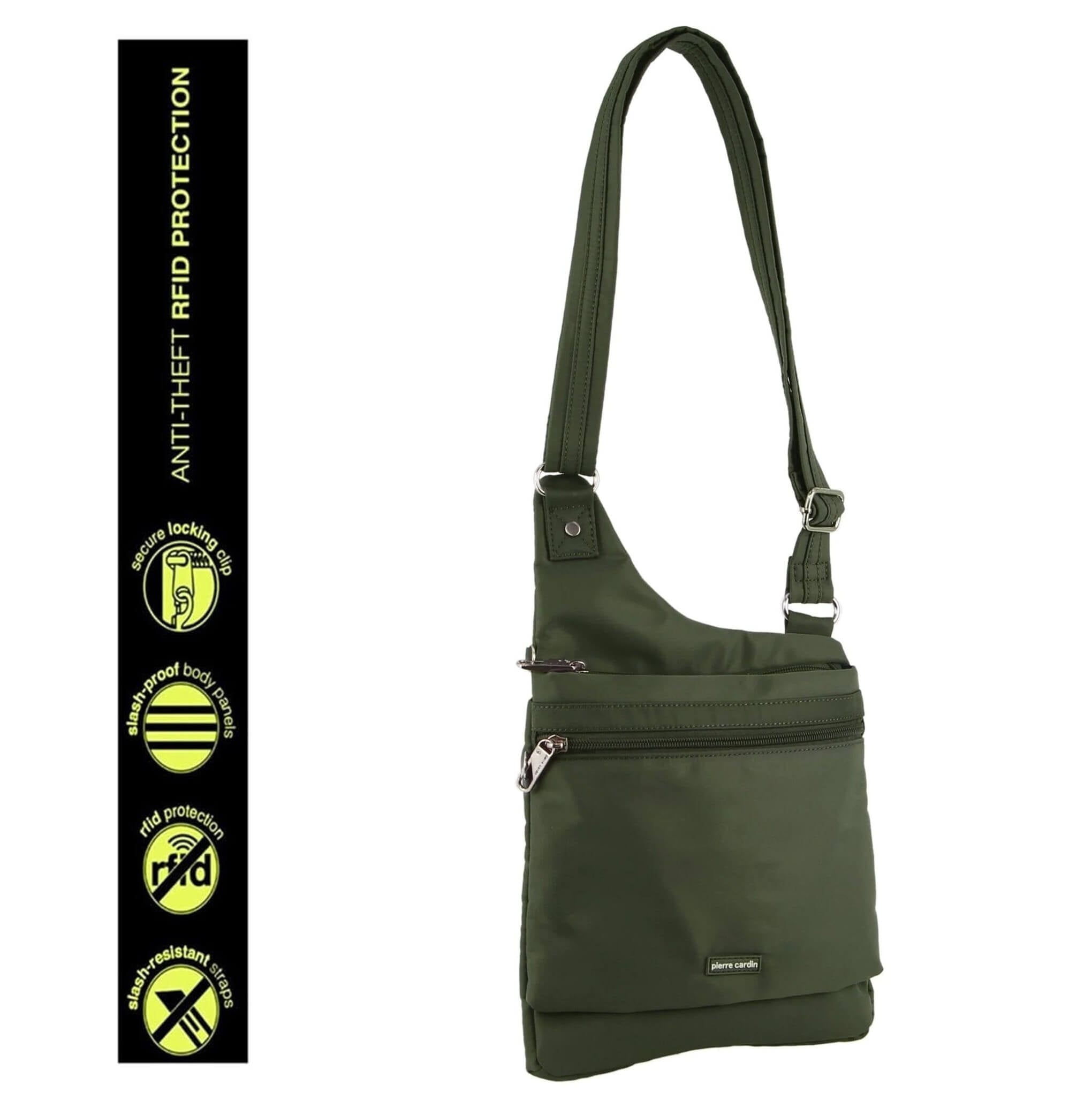 Pierre Cardin Ladies Anti-Theft-RFID Nylon Crossbody Bag in Olive