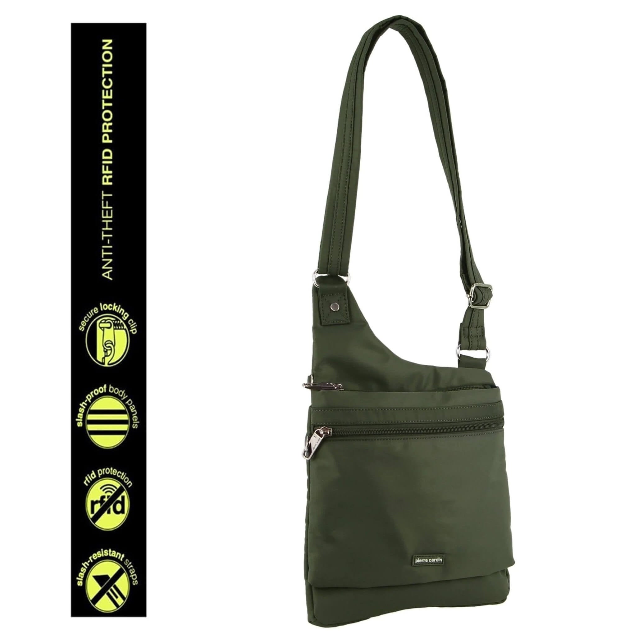 Pierre Cardin Ladies Anti-Theft-RFID Nylon Crossbody Bag in Olive