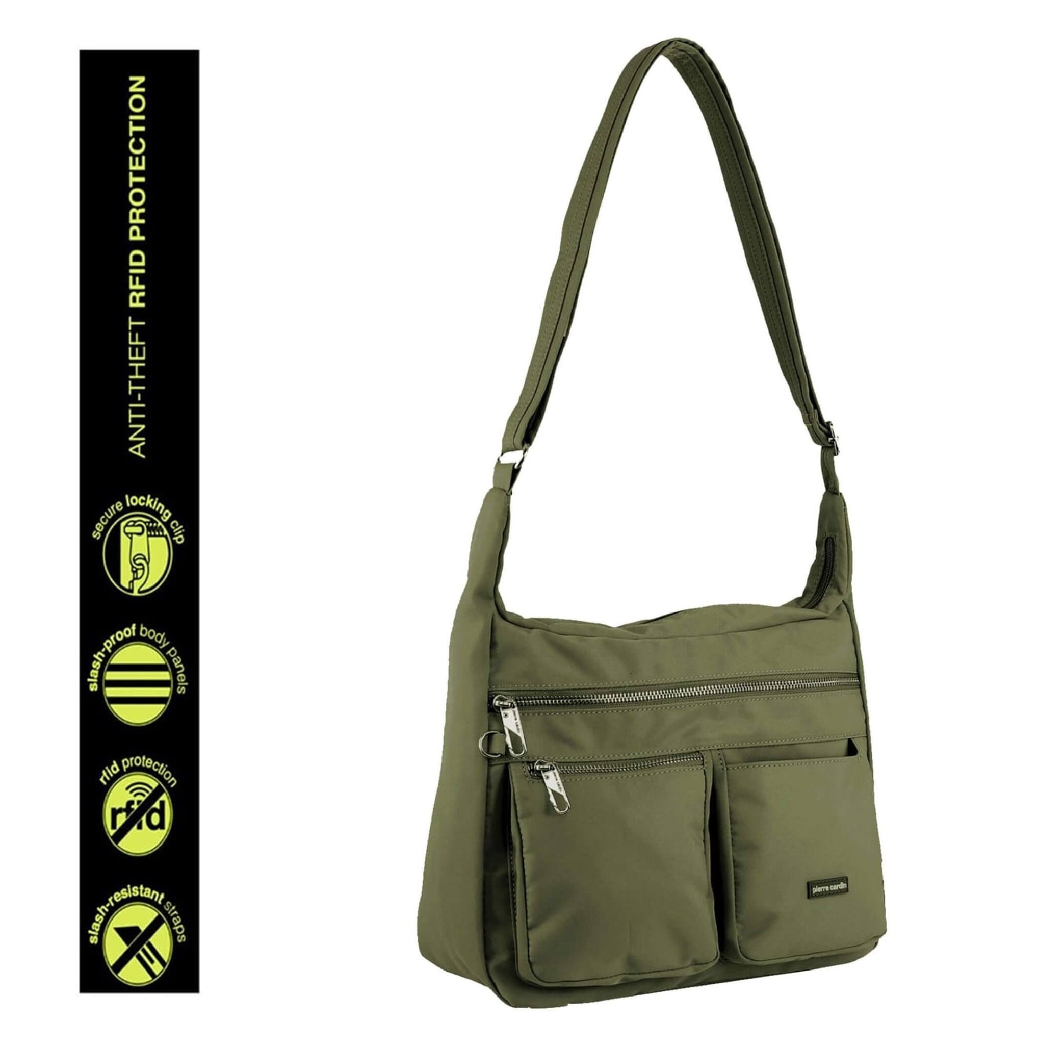 Pierre Cardin Ladies Nylon Anti-Theft RFID Crossbody Bag in Olive