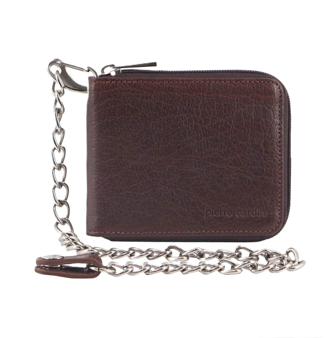 Pierre Cardin Men's Zip-Around Leather Wallet + Chain in Brown