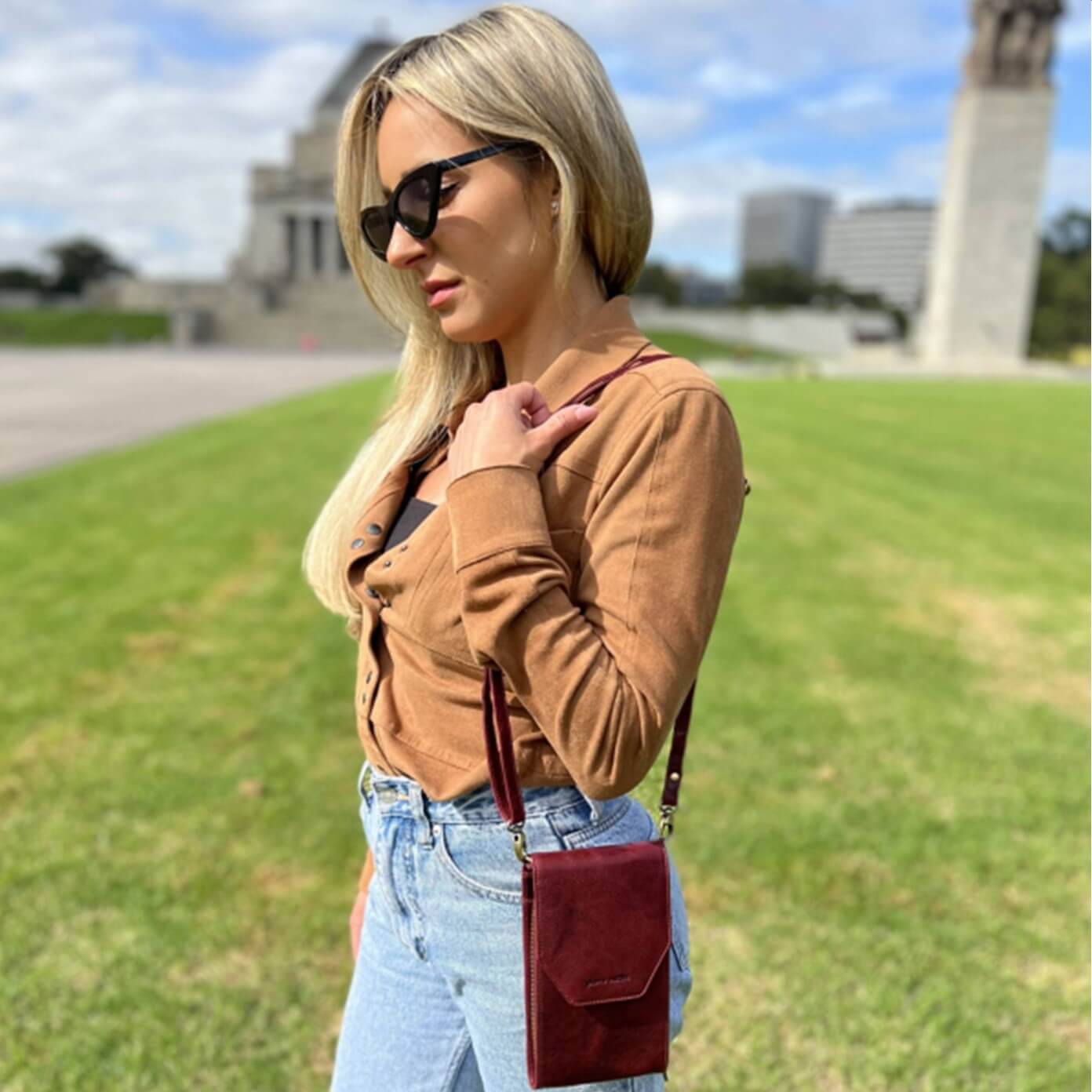 Pierre Cardin Ladies Leather Crossbody-Phone-Wallet Bag in Cherry