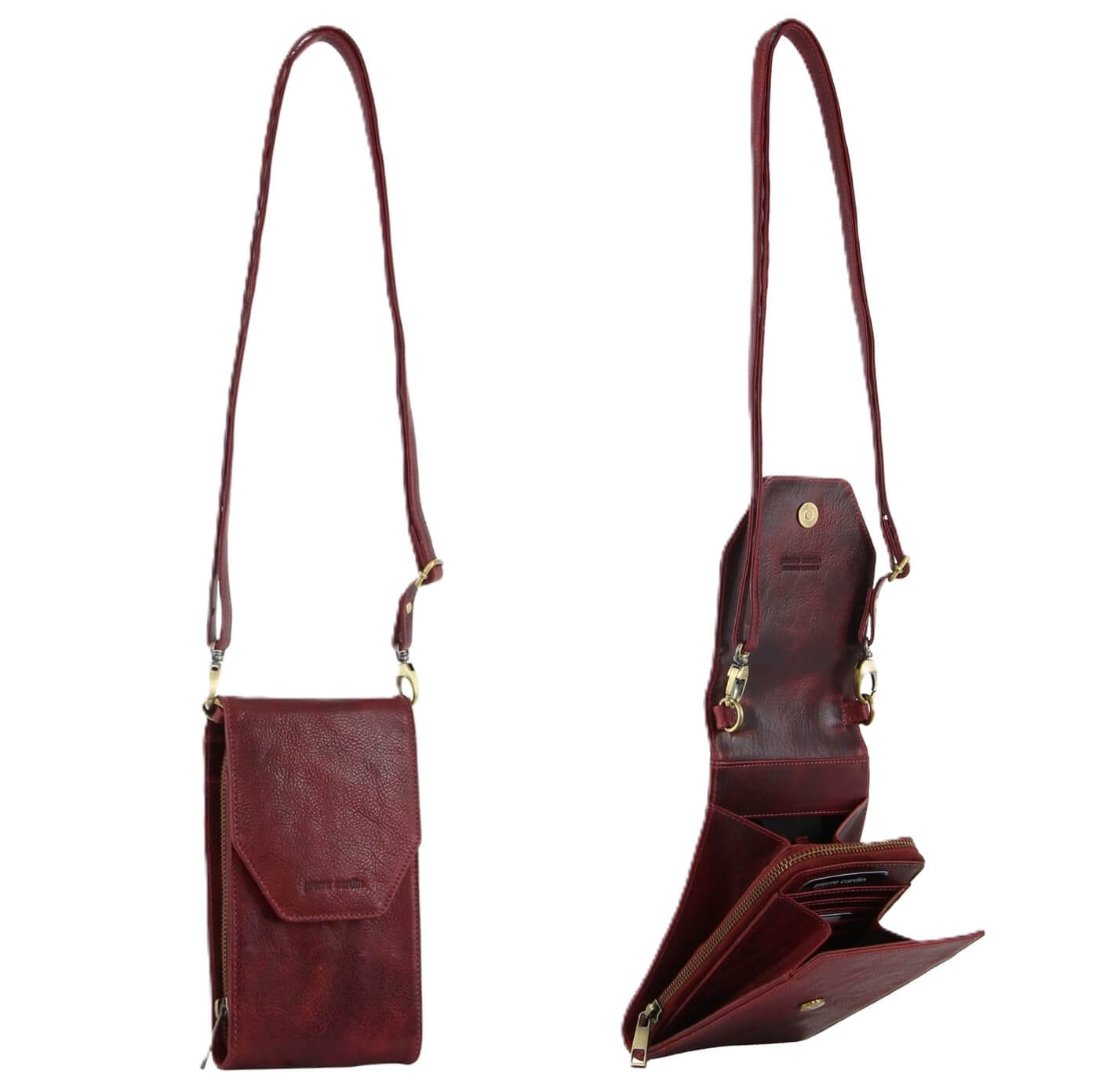 Pierre Cardin Ladies Leather Crossbody-Phone-Wallet Bag in Cherry
