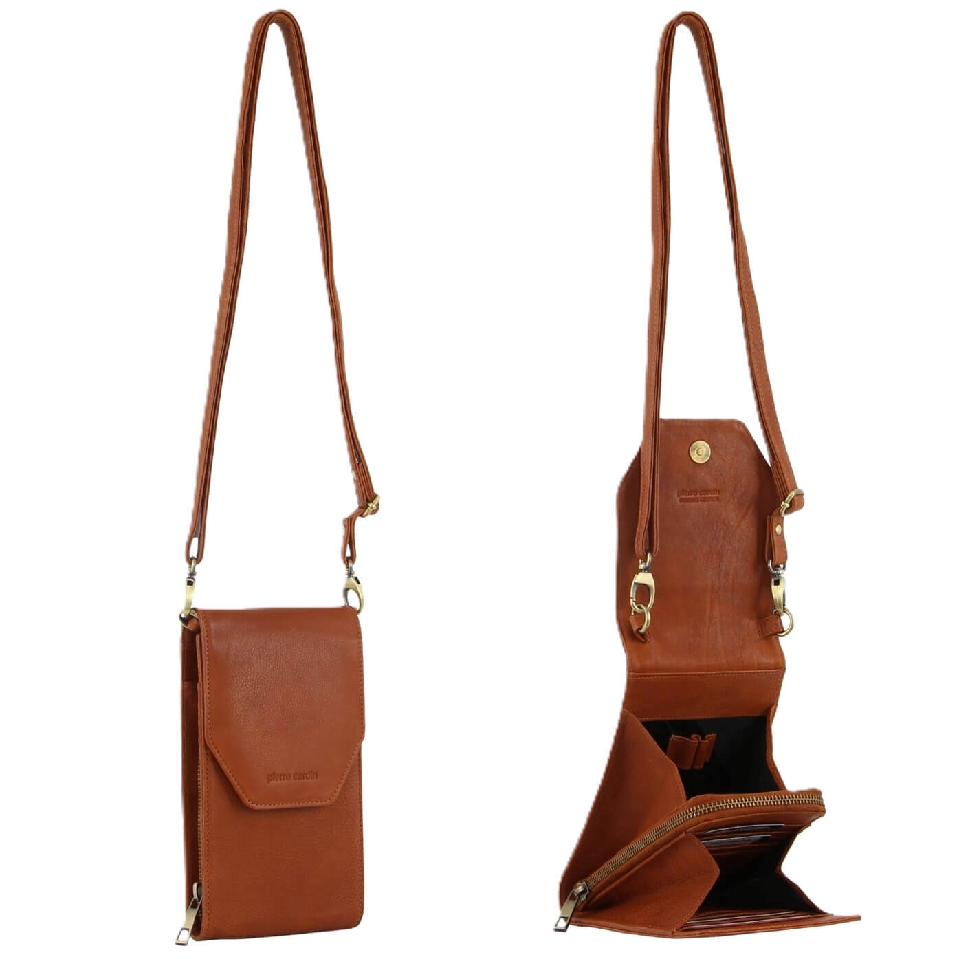 Pierre Cardin Ladies Leather Crossbody-Wallet-Phone Bag in Cognac