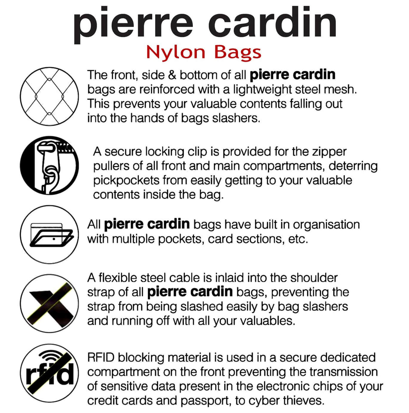Pierre Cardin Nylon bags – Anti – Theft – RFID - Slash Proof