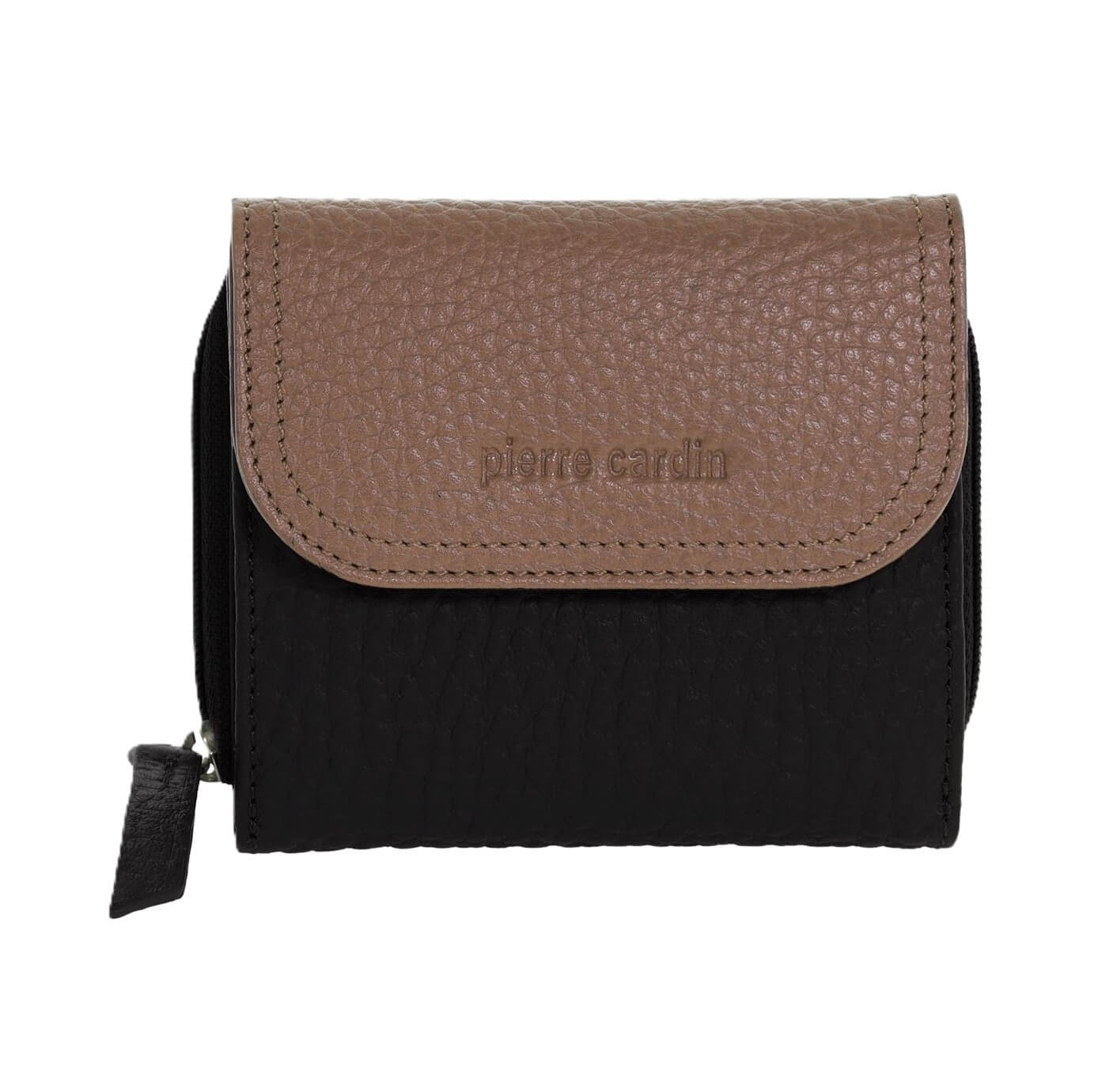 Pierre Cardin Ladies Tri-fold Tab Leather Wallet in Black/Taupe