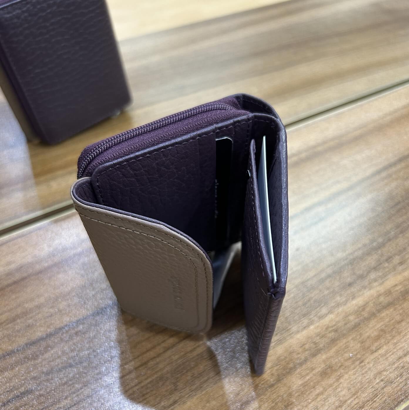 Pierre Cardin Ladies Tri-fold Tab Leather Wallet in Burgundy/Taupe