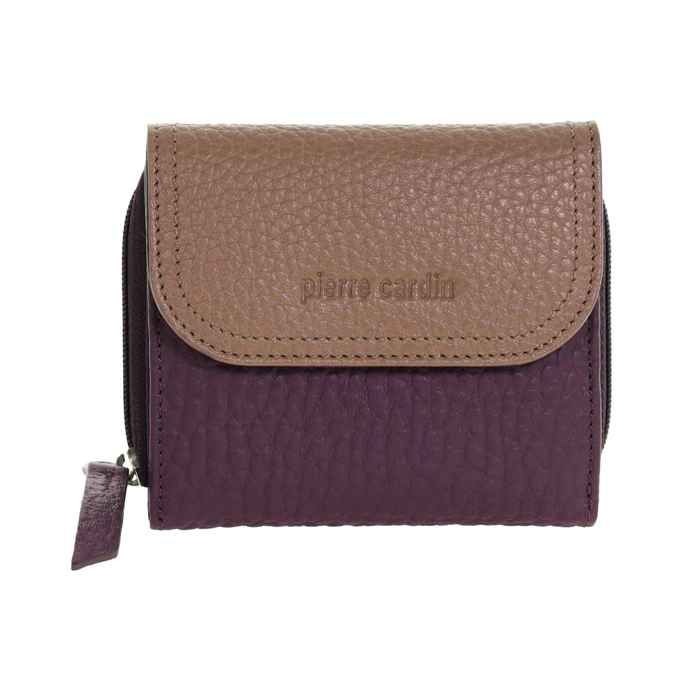 Pierre Cardin Ladies Tri-fold Tab Leather Wallet in Burgundy/Taupe