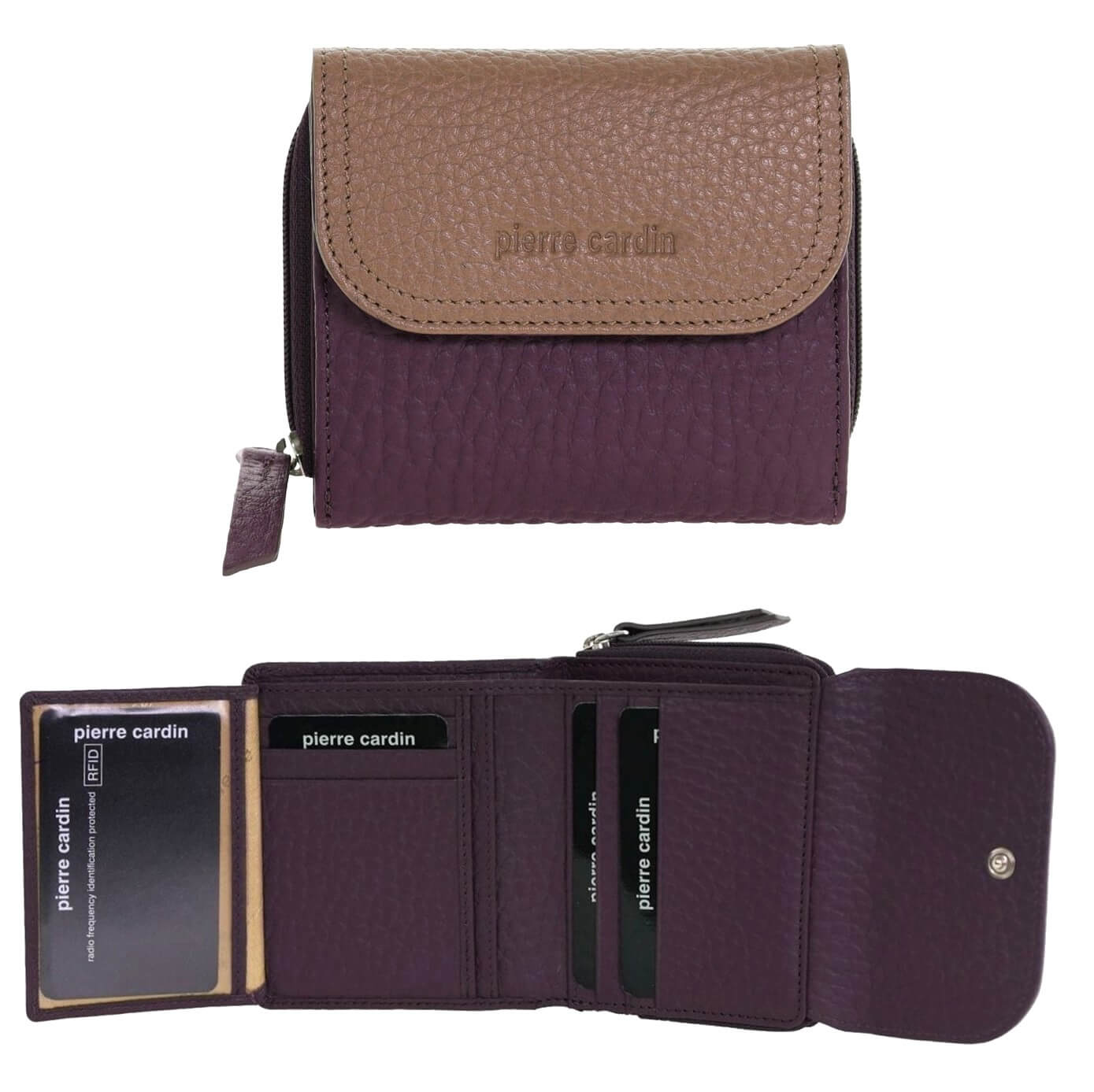 Pierre Cardin Ladies Tri-fold Tab Leather Wallet in Burgundy/Taupe
