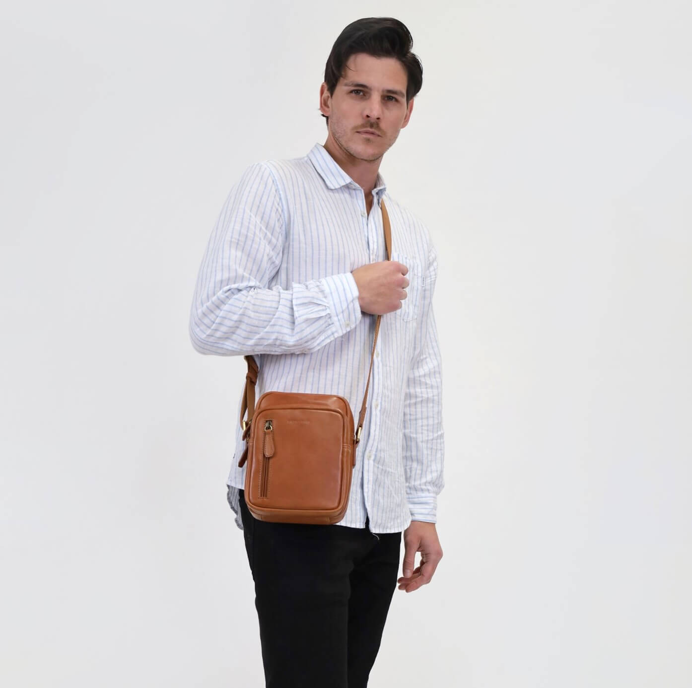 Pierre Cardin Men’s Genuine Leather Twin Zip Crossbody Bag in Cognac