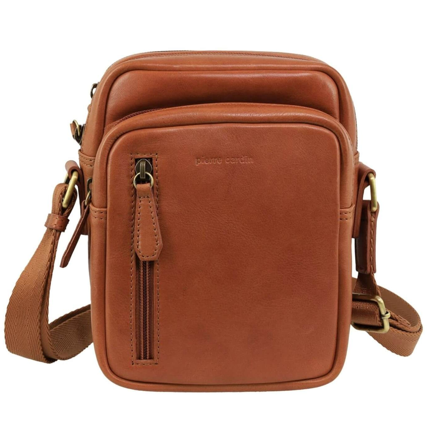 Pierre Cardin Men’s Genuine Leather Twin Zip Crossbody Bag in Cognac