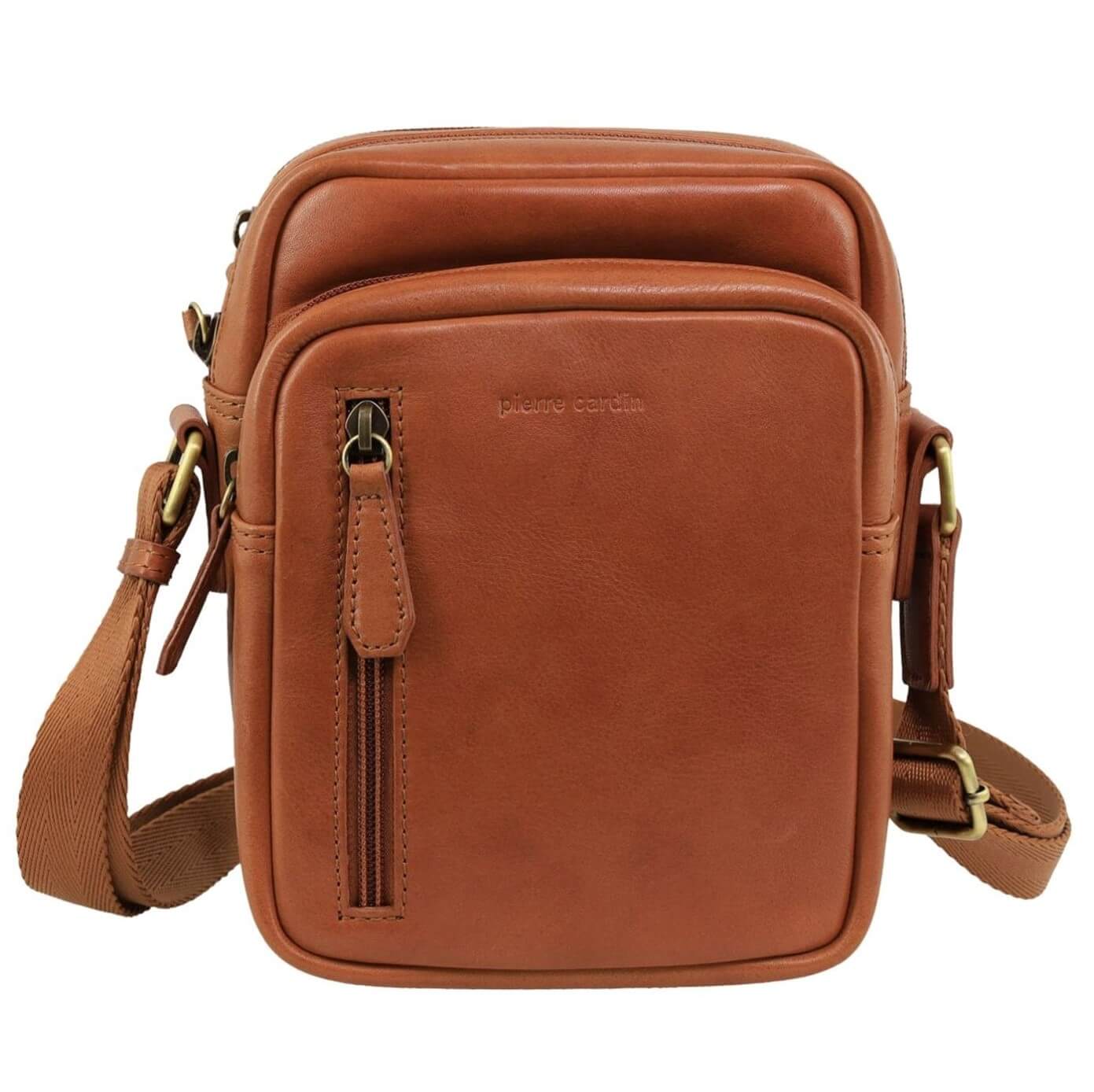 Pierre Cardin Men’s Genuine Leather Twin Zip Crossbody Bag in Cognac