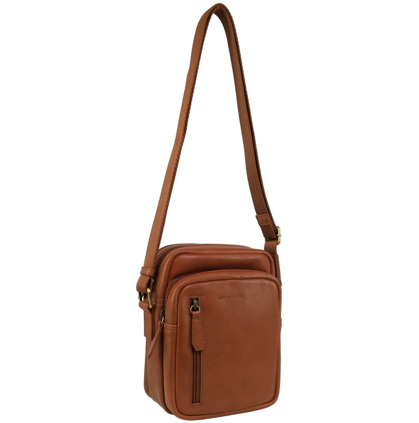 Pierre Cardin Men’s Genuine Leather Twin Zip Crossbody Bag in Cognac