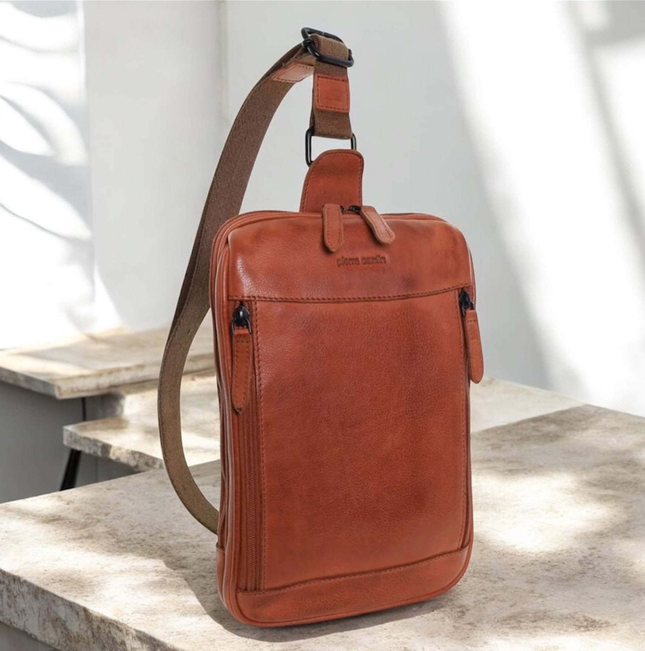 Pierre Cardin Men’s Leather Crossbody-Sling Bag in Cognac