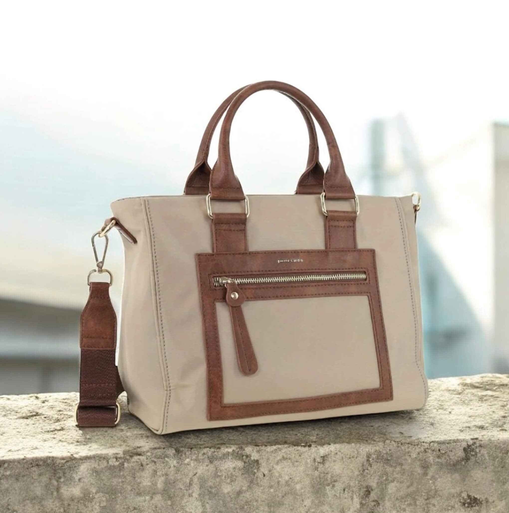 Pierre Cardin Nylon RFID Lightweight Mini Tote/Crossbody Bag In Camel