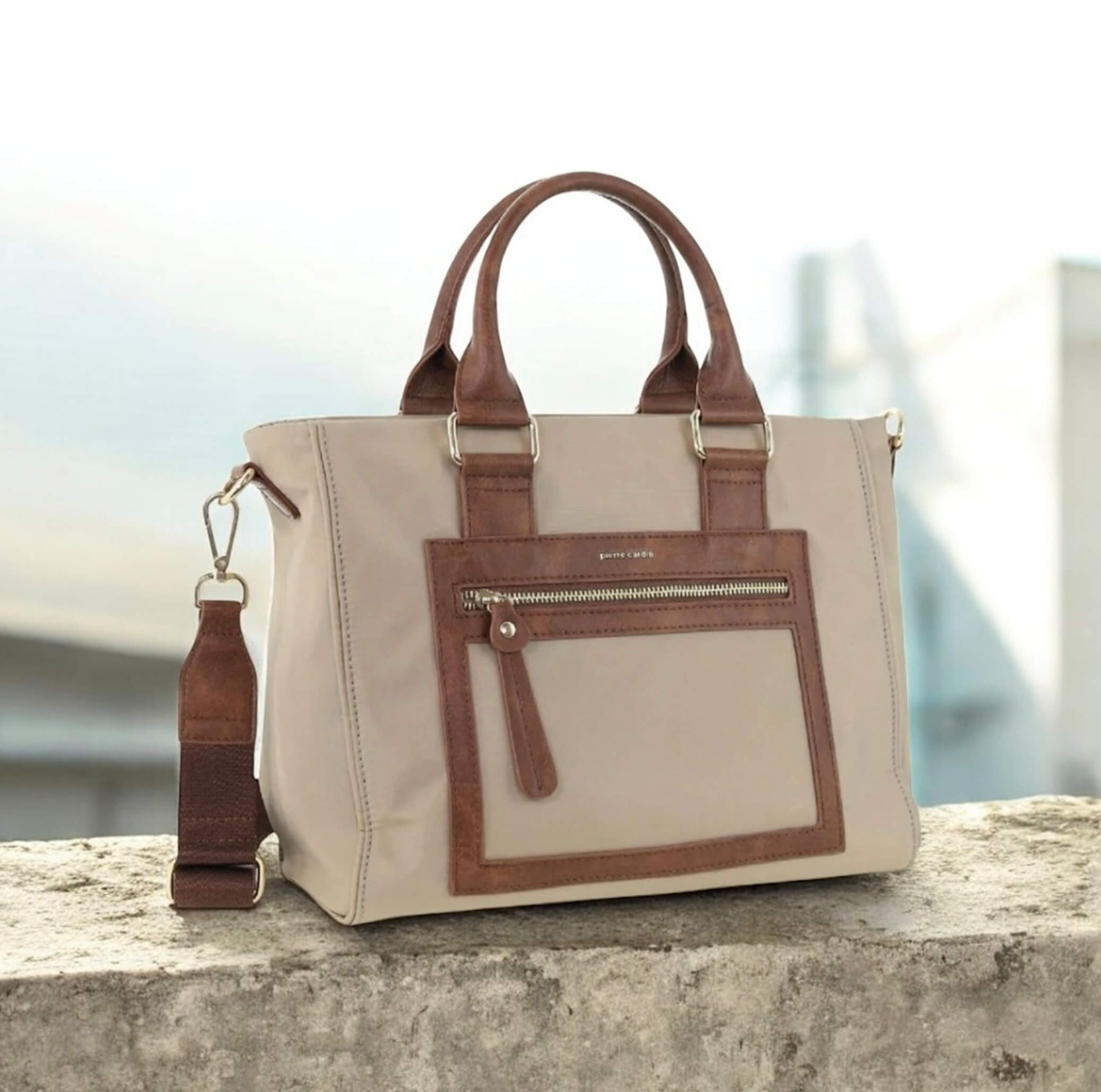 Pierre Cardin Nylon RFID Lightweight Mini Tote/Crossbody Bag In Camel