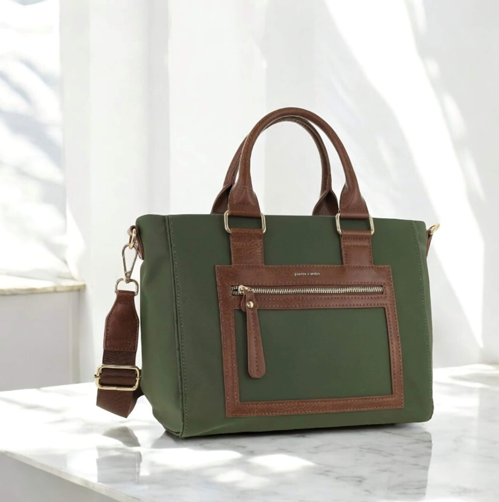 Pierre Cardin Nylon RFID Lightweight Tote/Crossbody Bag In Olive