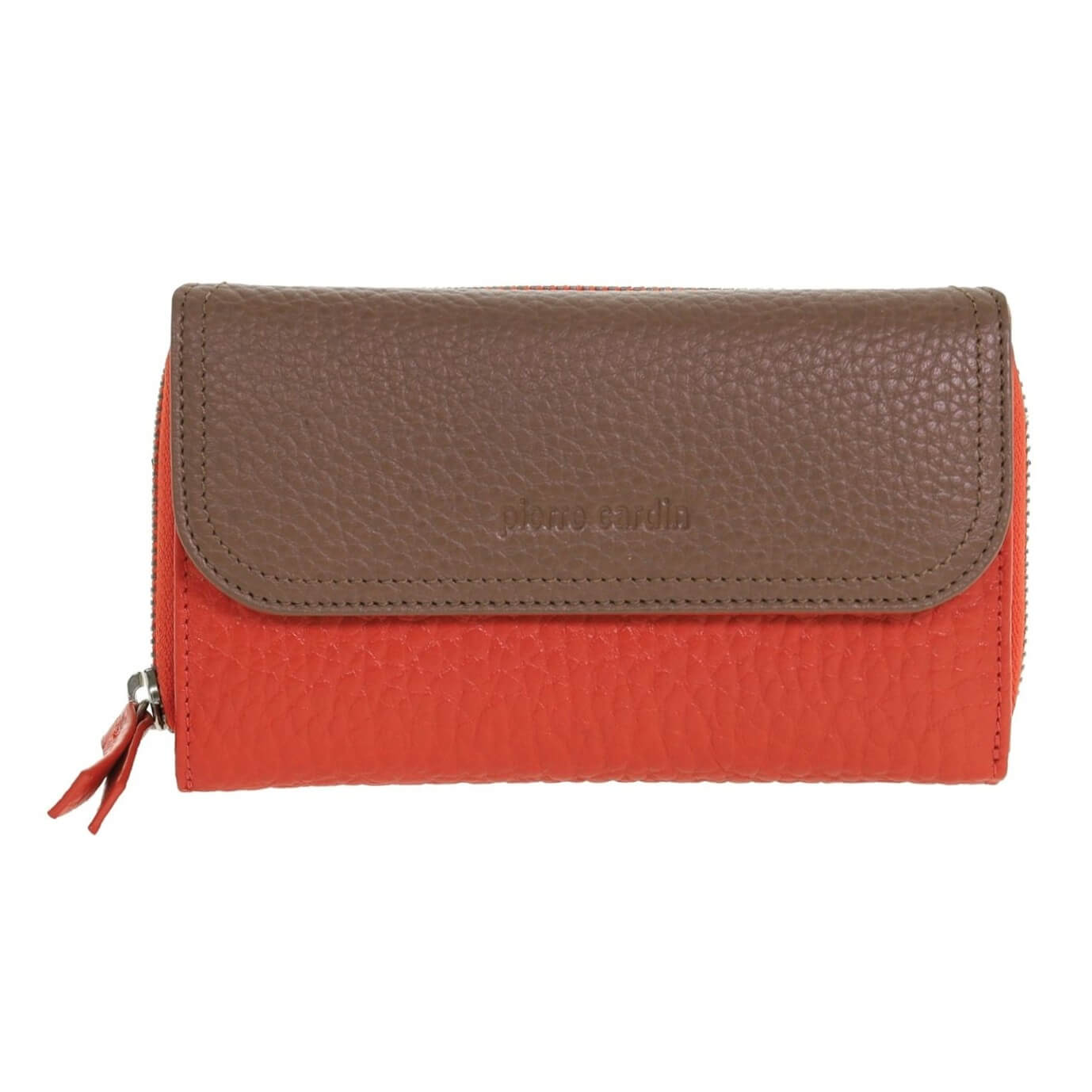 Pierre Cardin Ladies Tri-fold Tab Leather Wallet in Orange & Taupe