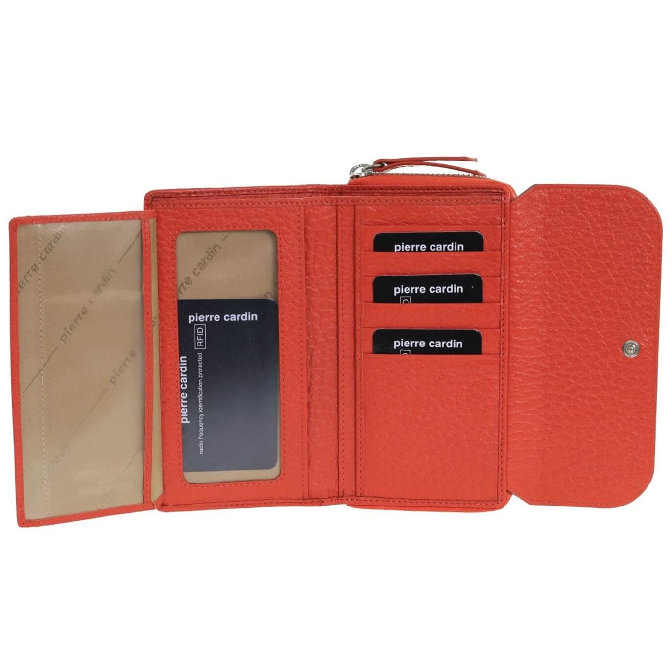 Pierre Cardin Ladies Tri-fold Tab Leather Wallet in Orange & Taupe