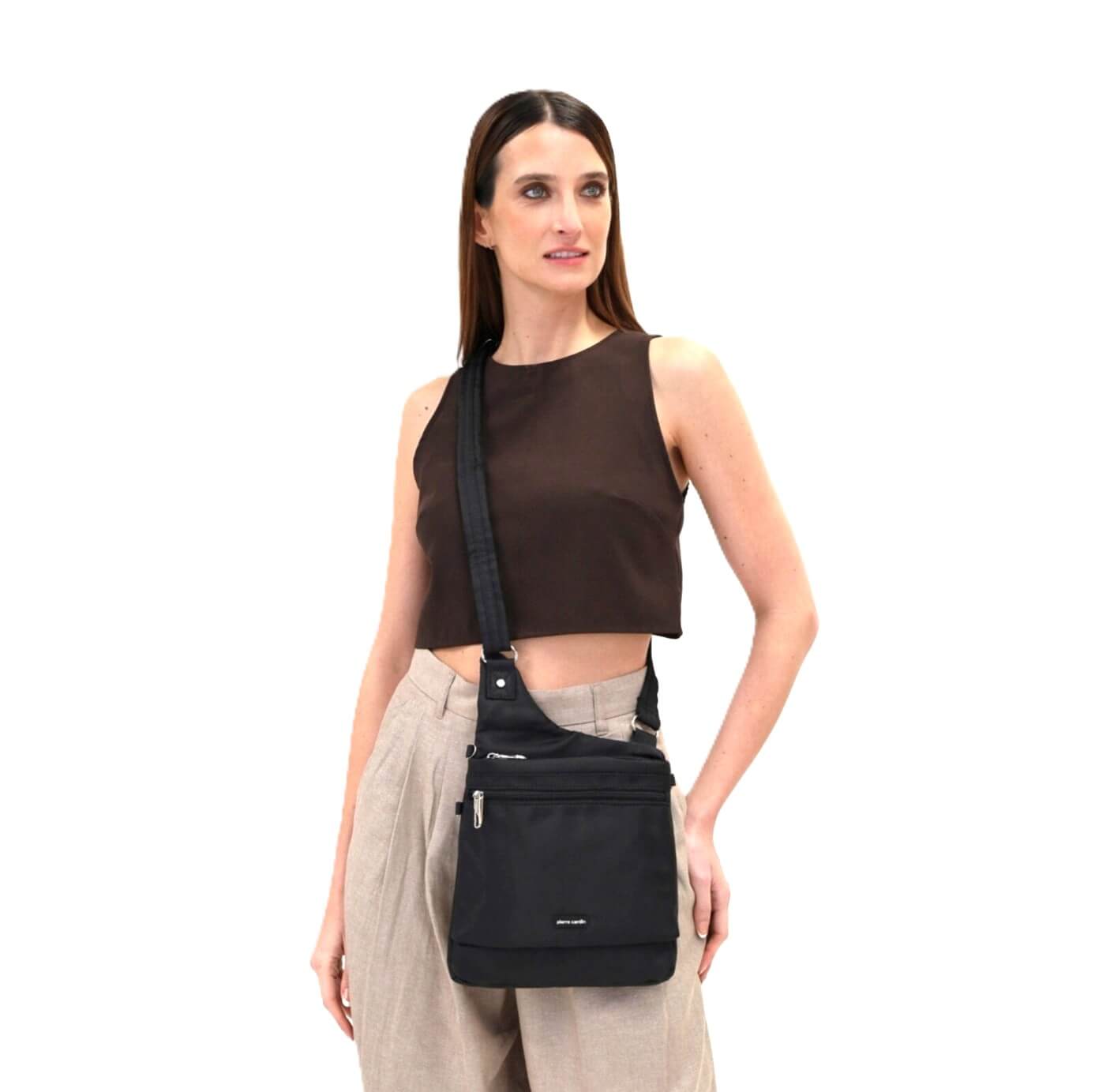 Pierre Cardin Ladies Anti-Theft-RFID Nylon Crossbody Bag in Black