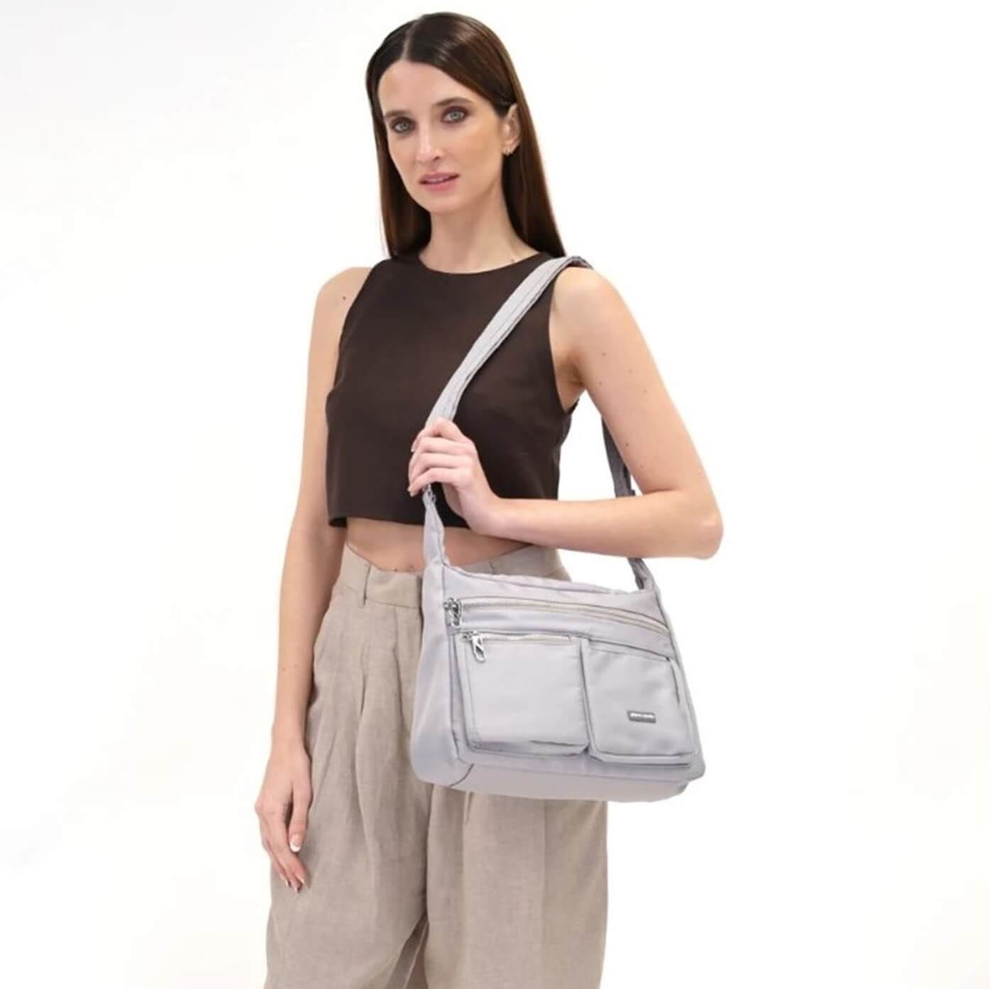 Pierre Cardin Ladies Nylon Anti-Theft RFID Crossbody Bag in Taupe