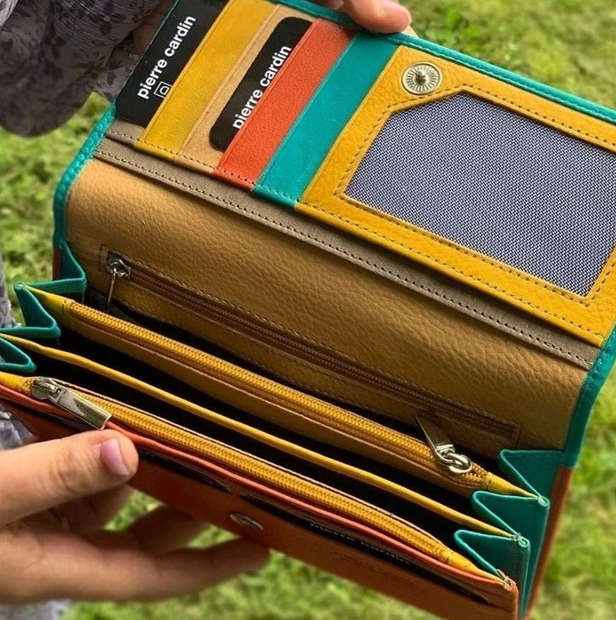 Pierre Cardin Multi-Colour Ladies Leather Tri-fold Wallet in Turquoise/Orange