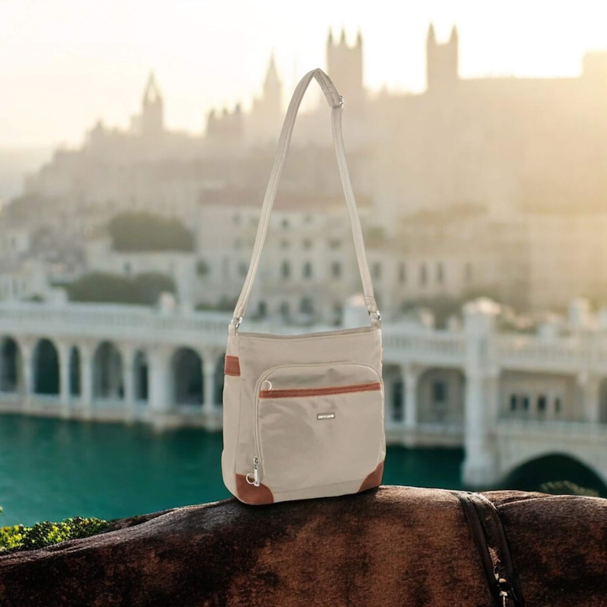 Pierre Cardin Ladies Nylon Anti-Theft 2-Tone Crossbody bag in Camel