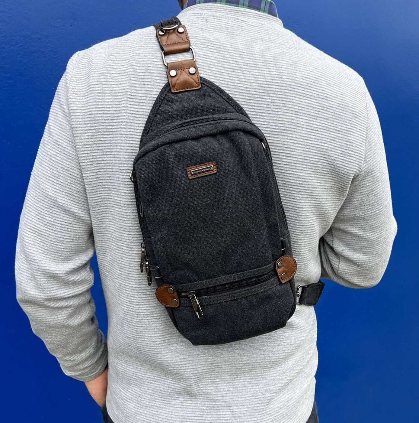 Pierre Cardin Canvas-Leather Crossbody Sling Bag in Black