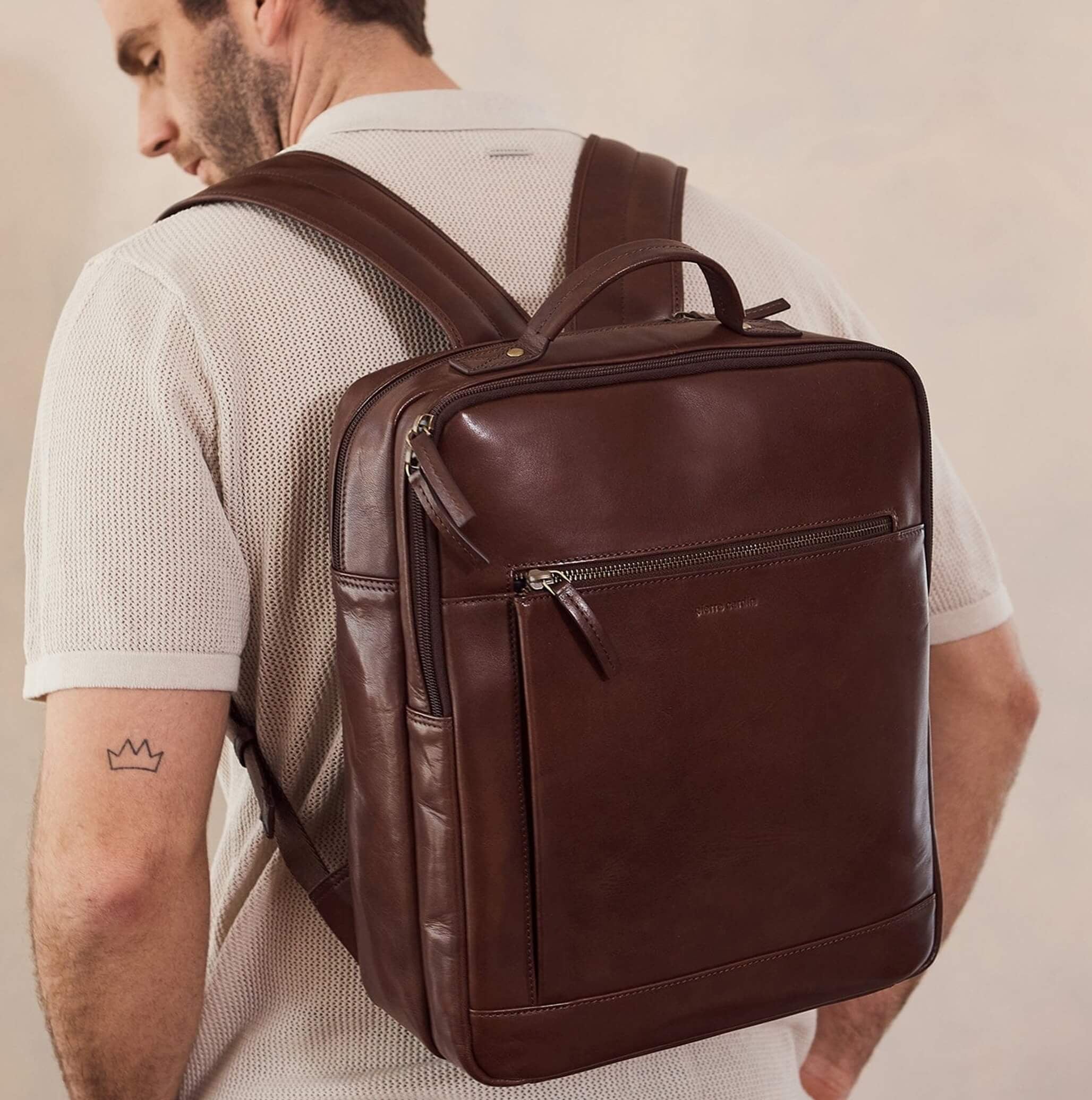 Pierre Cardin Italian Leather Business-Laptop Backpack in Oak
