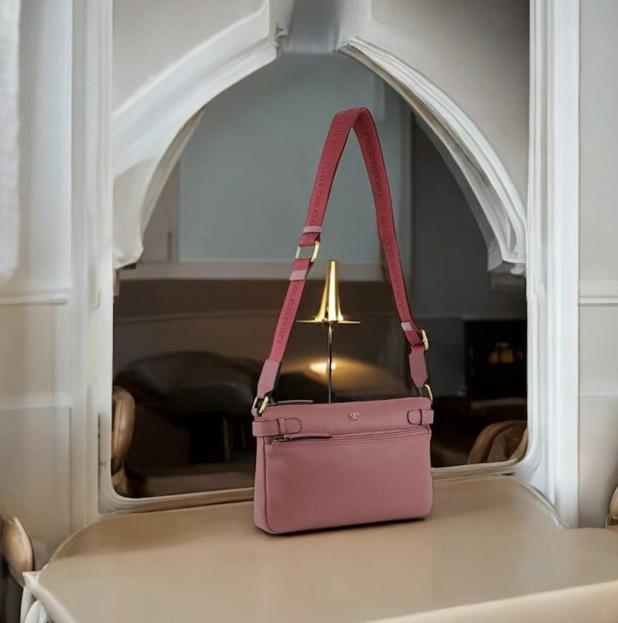 Pierre Cardin Ladies Webbing Strap Leather Handbag in Rose