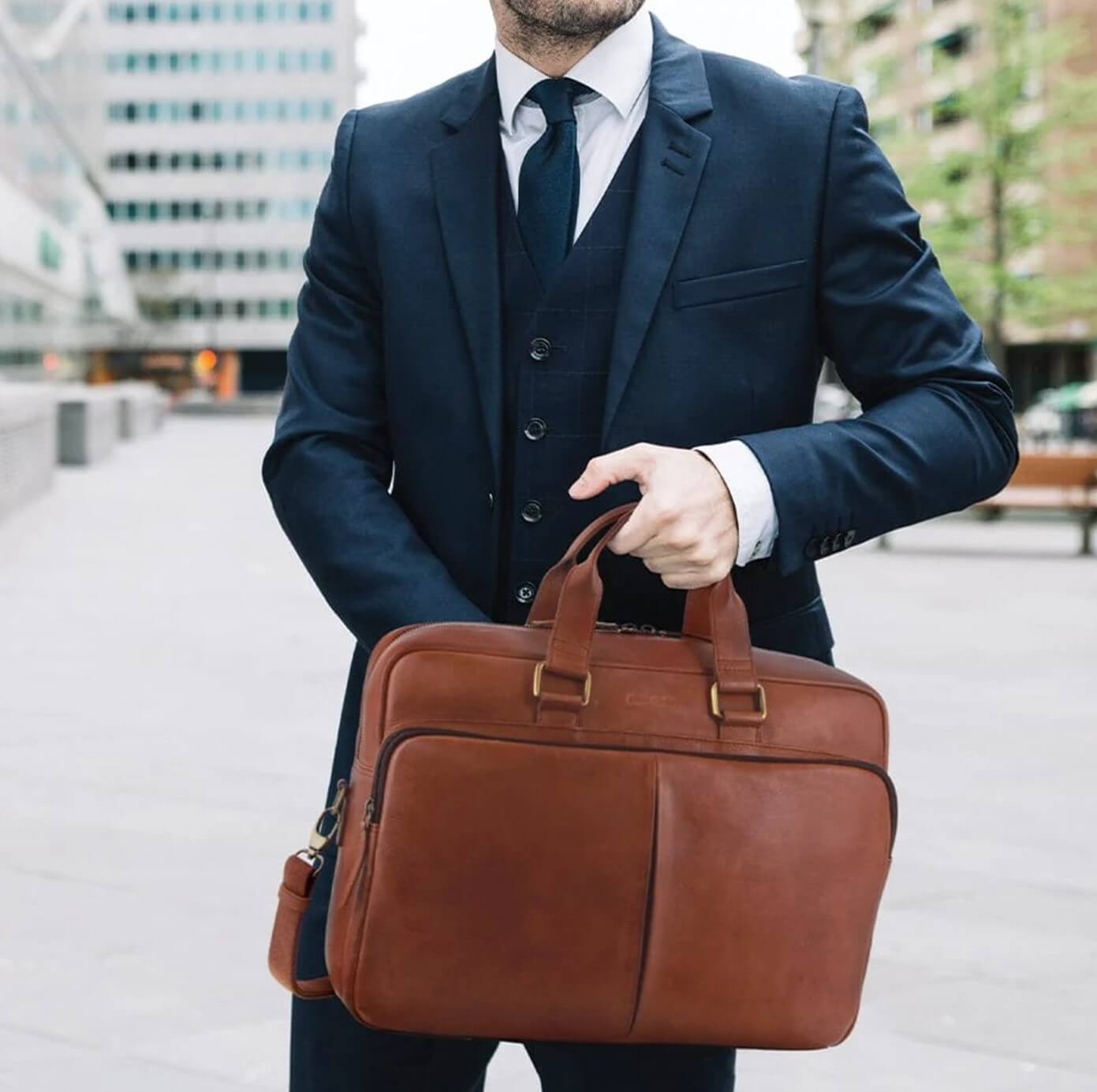 Pierre Cardin Men’s Rustic Leather Business-Laptop Bag in Cognac
