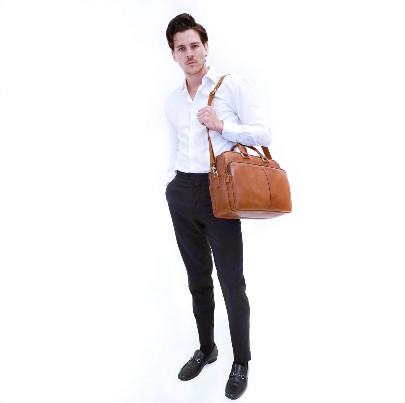 Pierre Cardin Men’s Rustic Leather Business-Laptop Bag in Cognac