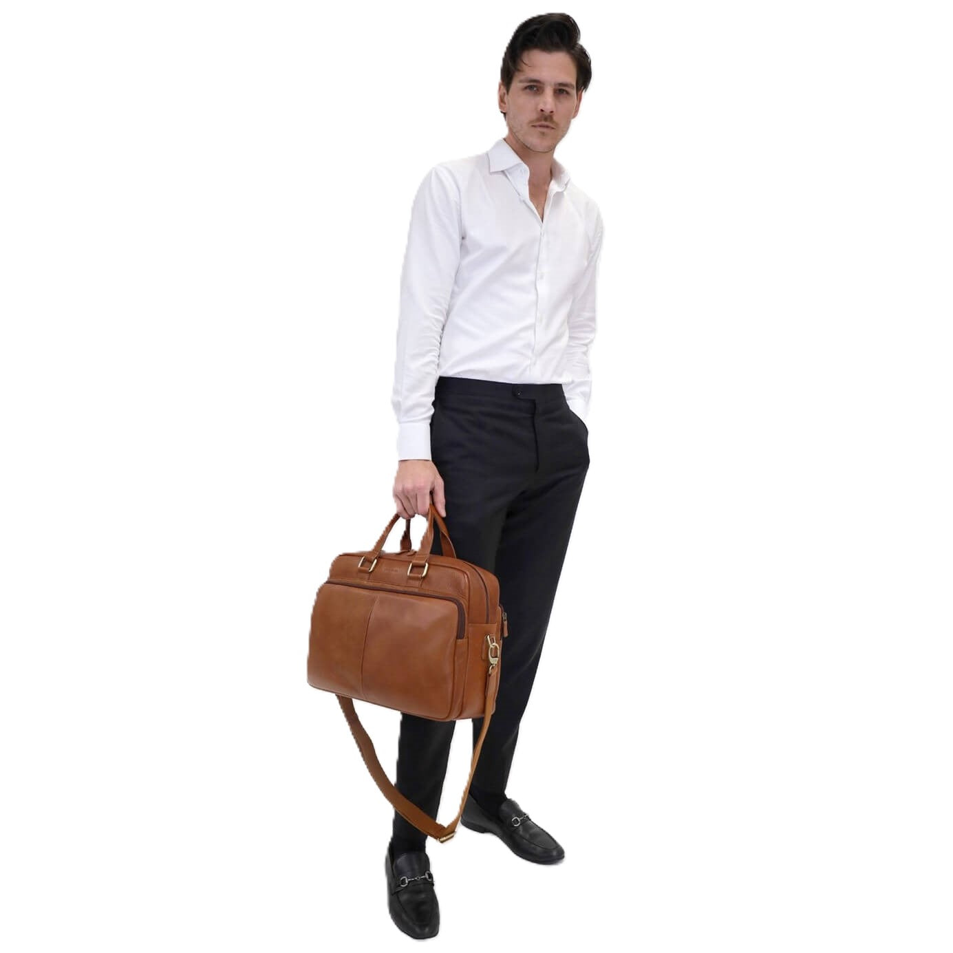 Pierre Cardin Men’s Rustic Leather Business-Laptop Bag in Cognac