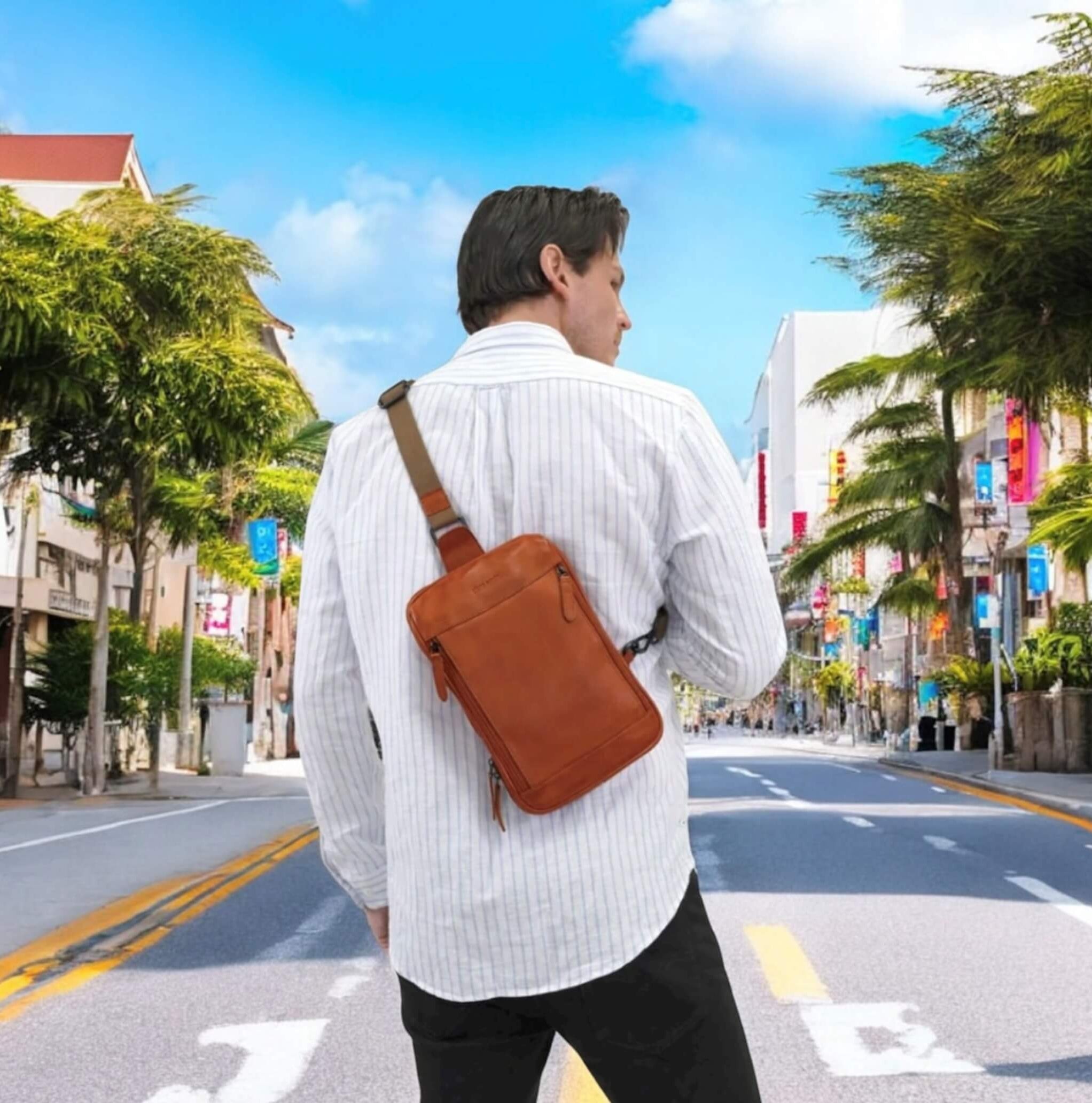 Pierre Cardin Men’s Leather Crossbody-Sling Bag in Cognac