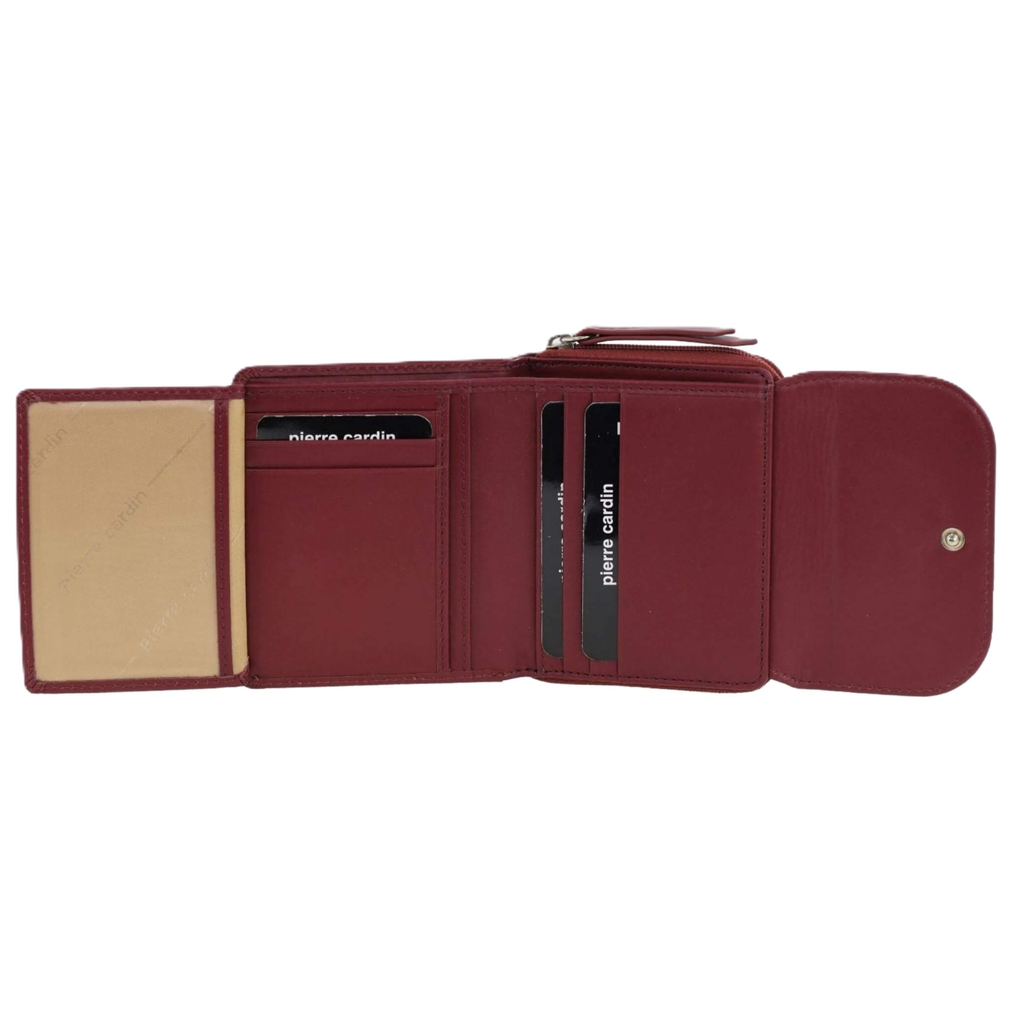 Pierre Cardin Ladies Tri-fold Tab Leather Wallet in Wine
